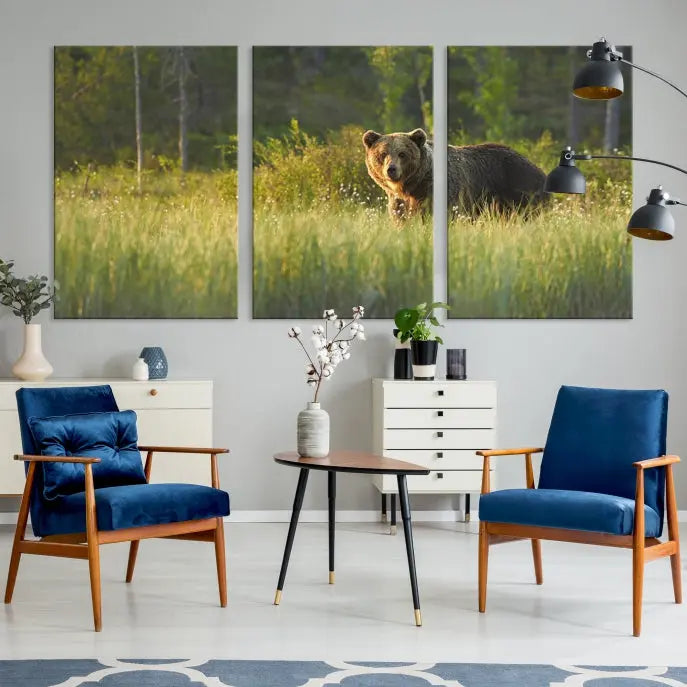 A museum-quality triptych wall art, titled "Wild Bears in Nature Canvas Print," elegantly decorates the living room.