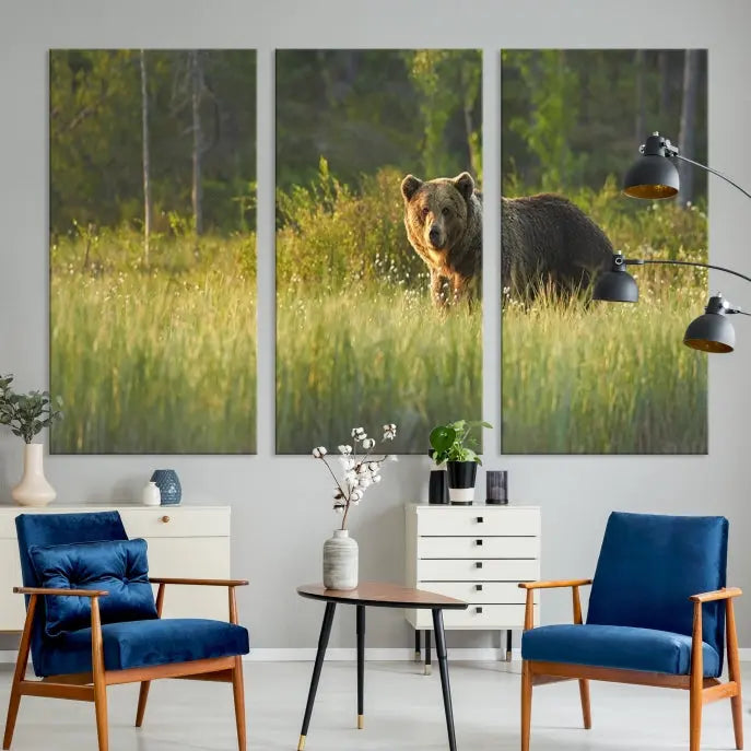 A museum-quality triptych wall art, titled "Wild Bears in Nature Canvas Print," elegantly decorates the living room.