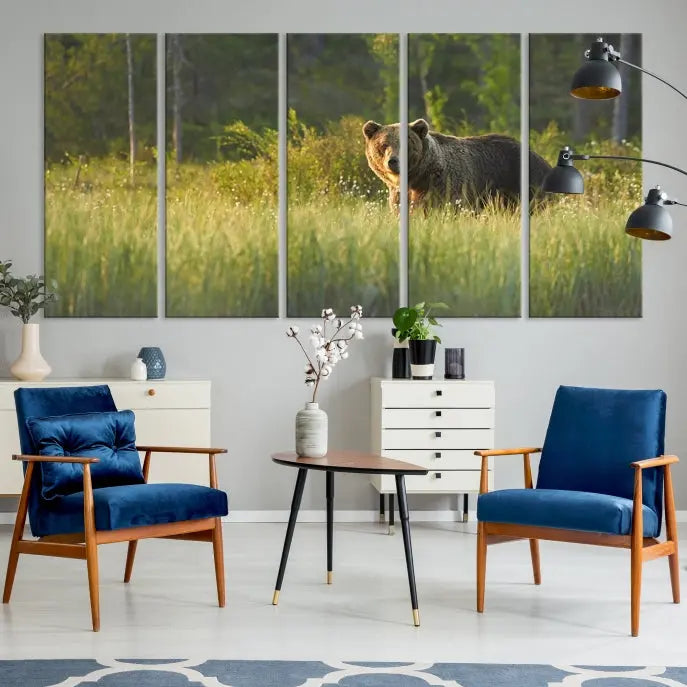 A museum-quality triptych wall art, titled "Wild Bears in Nature Canvas Print," elegantly decorates the living room.