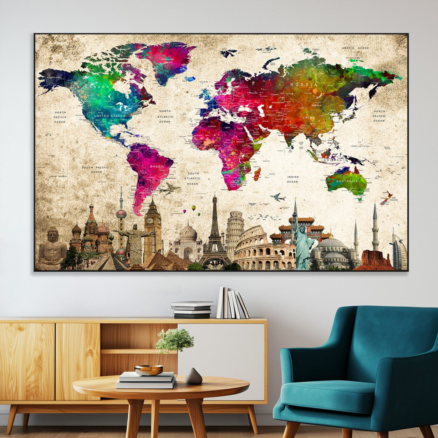 SEG-FC-51X34_Oversize - Push Pin World Map Canvas Print – Framed Wall Art for Couples to Track Their Travels – Anniversary