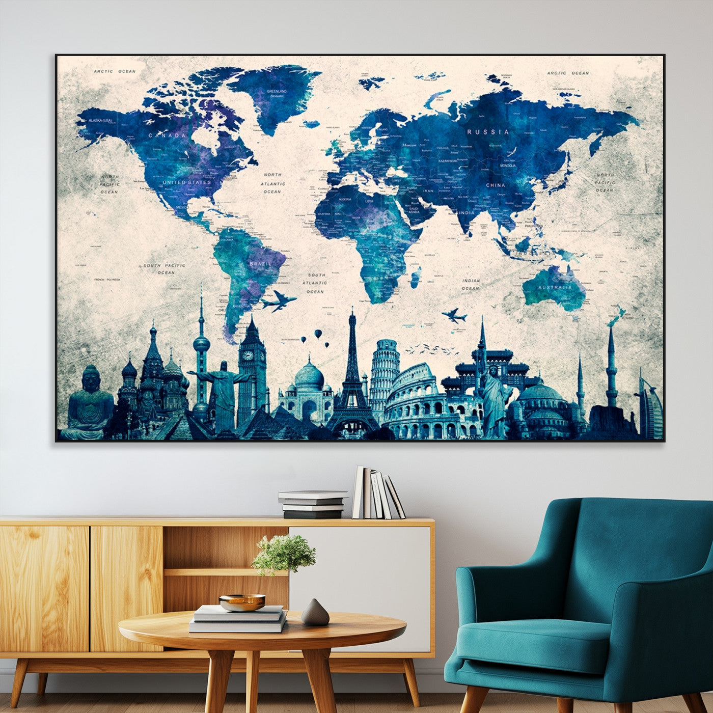 SEG-FC-51X34_Oversize - Navy Blue World Map Canvas Print, Wonder of World Map Push Pin Canvas Print