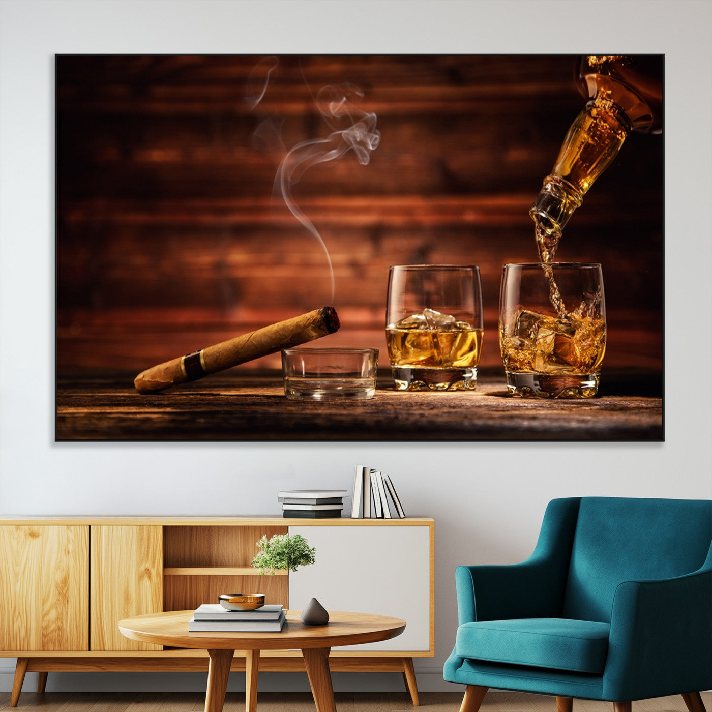 SEG-FC-51X34_Oversize - Whiskey and Cigar Wall Art Canvas | 3 Panel Bar Room Decor for Home Lounge, Office, or Man Cave |