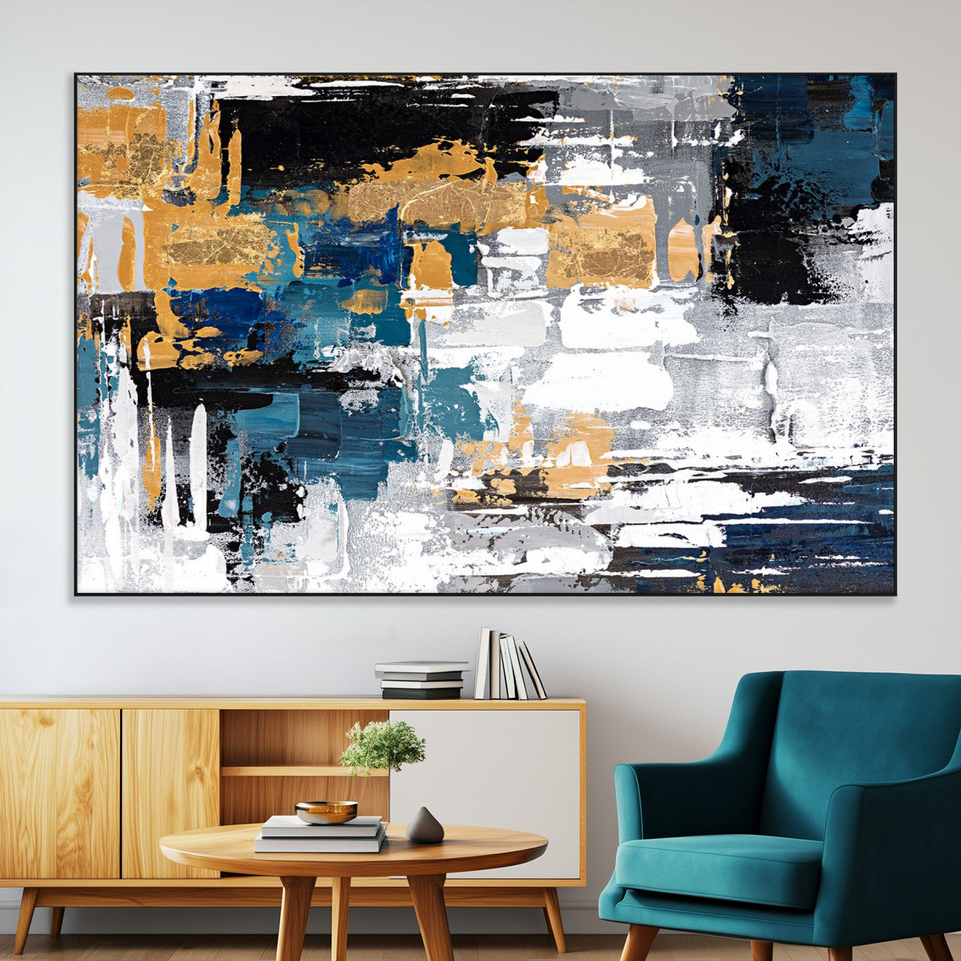 57708-MGV-CV-36X24-Blue and Gold Abstract Canvas Wall Art – Triptych Modern Painting for Living Room – Framed and Ready to Hang