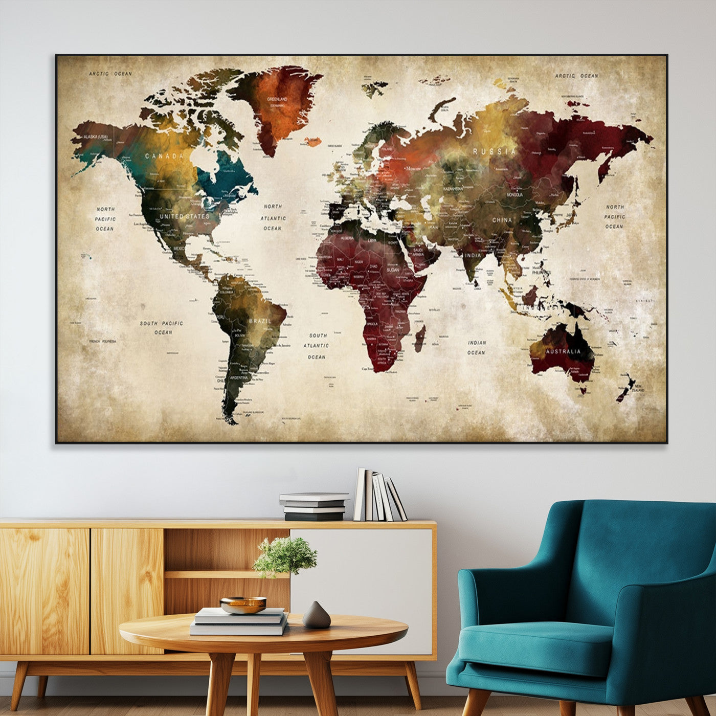 SEG-FC-51X34_Oversize - Large World Map Wall Art Canvas Print, Framed Push Pin Map Art Picture Print, Abstract Traveller Map Perfect Modern Decor Artwork