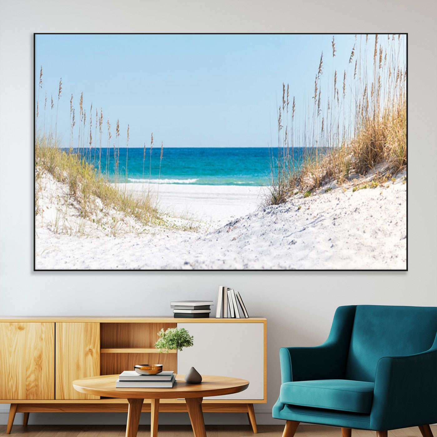 SEG-FC-51X34_Oversize - Serene Coastal Dune Path with Ocean View, 3-Panel Beach Canvas Wall Art, Tranquil Seascape Giclee