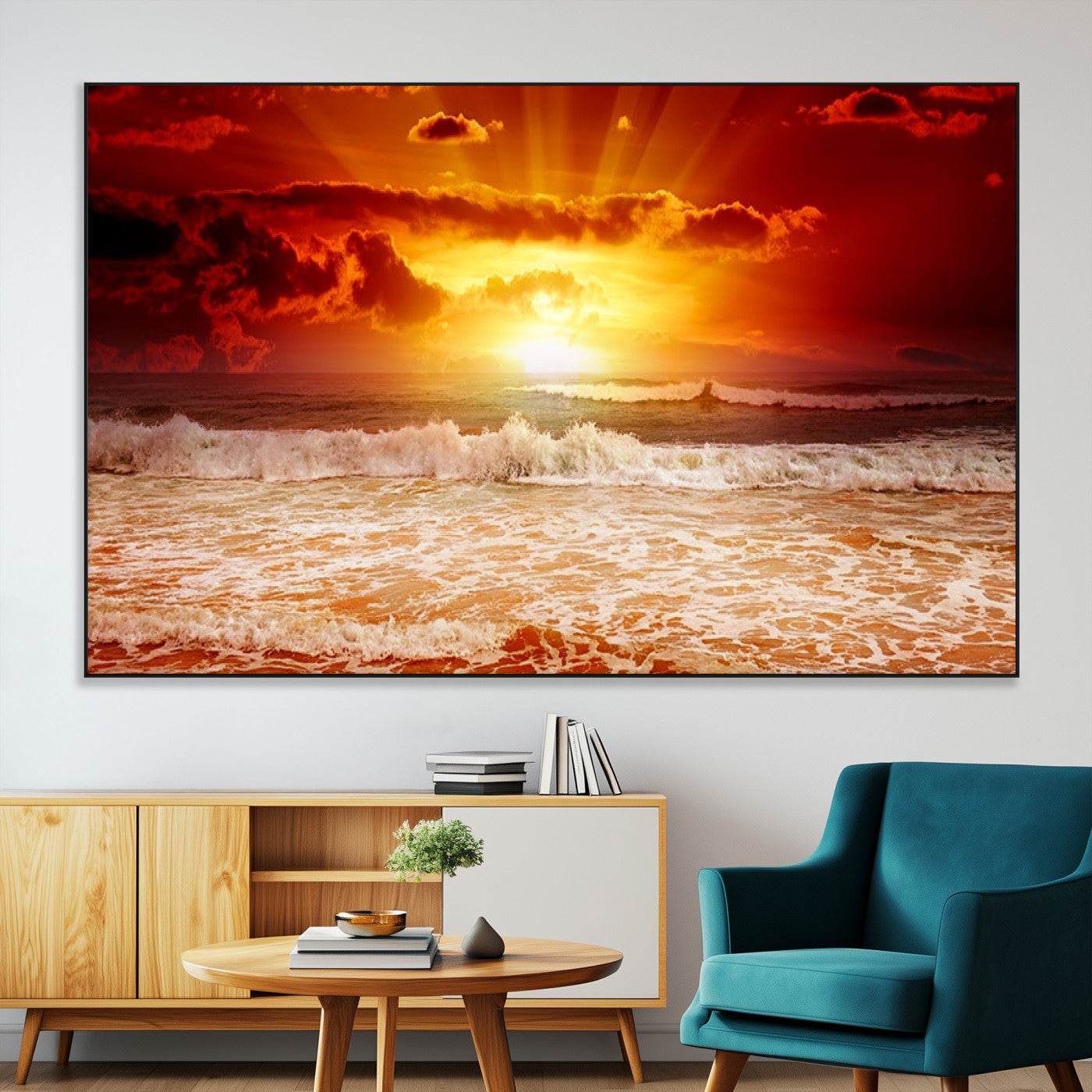 SEG-FC-51X34_Oversize - Red Sunset Ocean Beach Canvas Wall Art Beach Canvas, Coastal Sunset Print