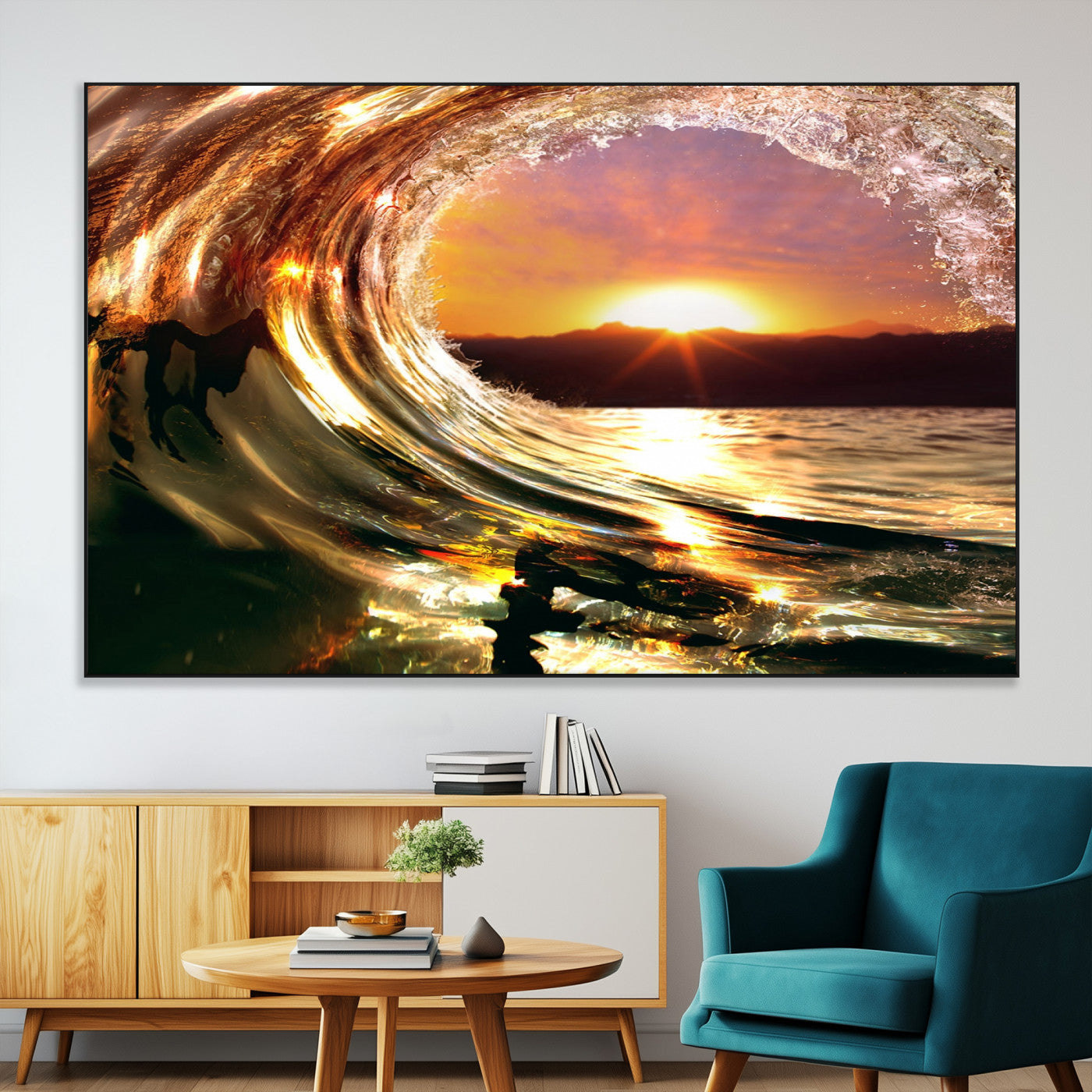 SEG-FC-51X34_Oversize - Golden Wave Sunset Triptych Canvas Art, Giclee Canvas Print of Ocean Wave and Sunset, Framed Ocean