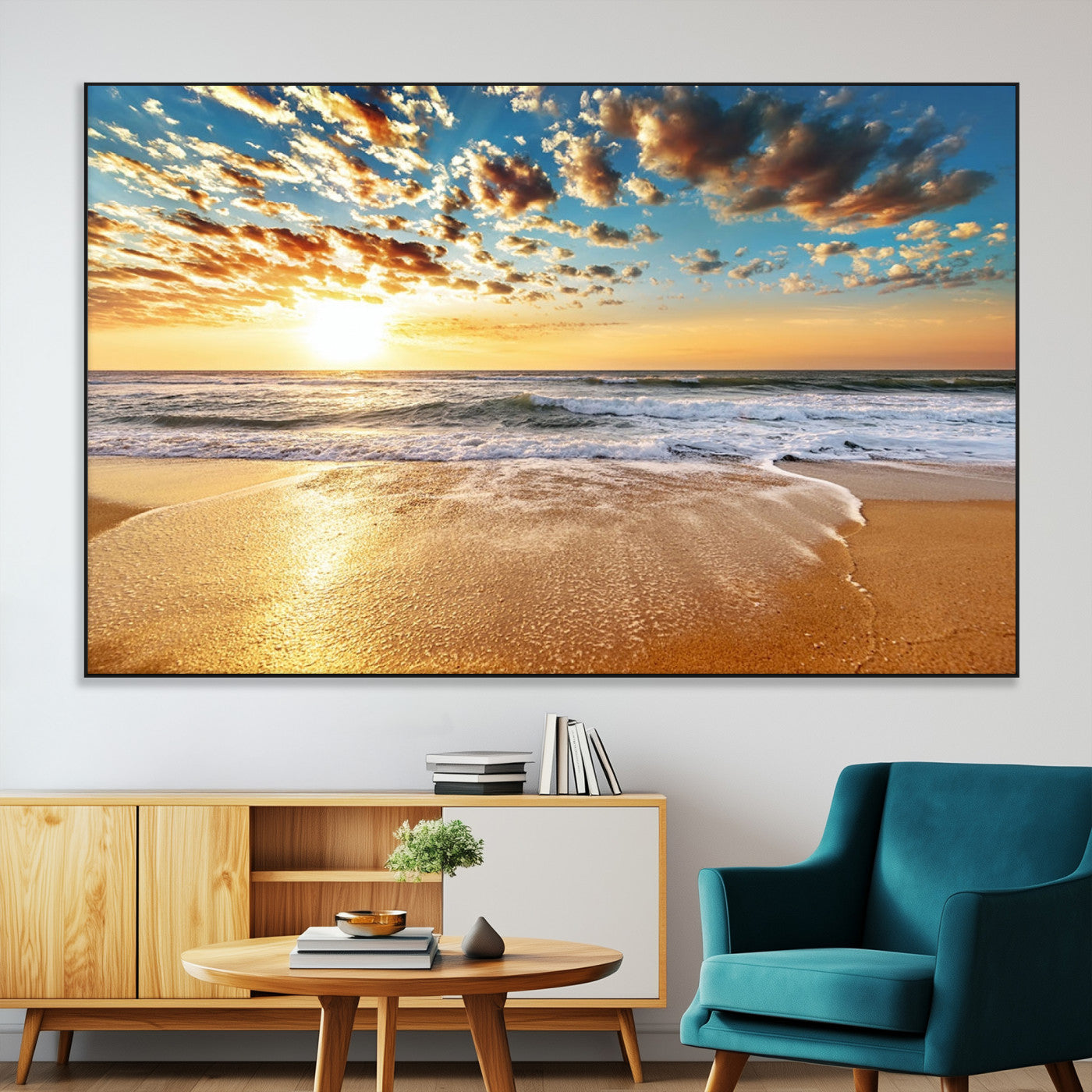 SEG-FC-51X34_Oversize - Golden Sunset Beach Print Canvas Wall Art, Giclee Canvas Print with Canon Print Quality, Triptych