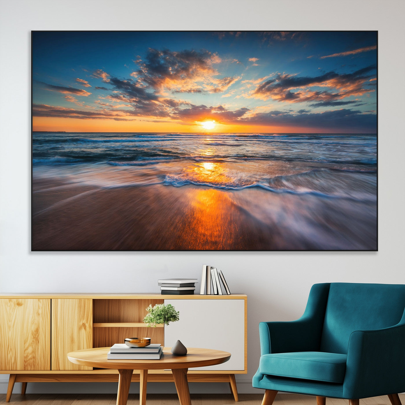 SEG-FC-51X34_Oversize - Sunset on the Ocean Beach with Waves, Reflections on Sand, Coastal Wall Art Print, Beach Wall Art,