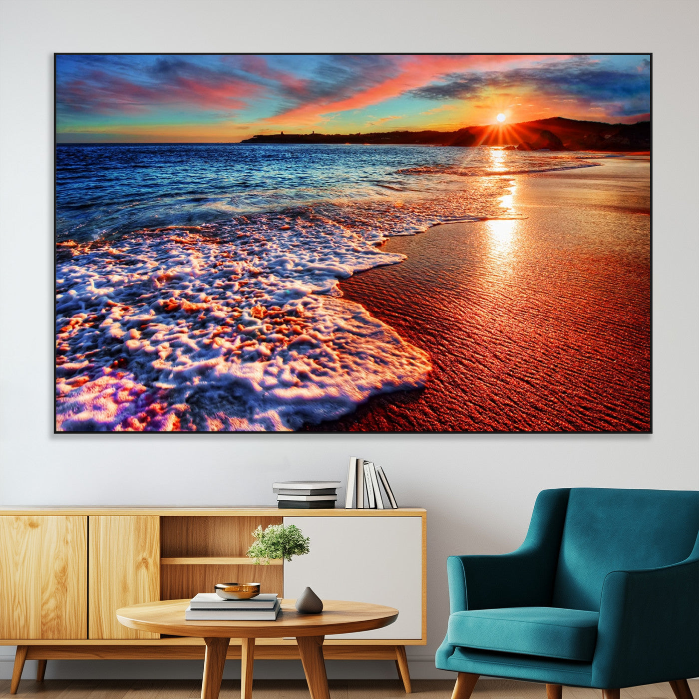 SEG-FC-51X34_Oversize - Colorful Coastal Sunset on the Beach Canvas Print, Ocean Waves Crashing at Dusk, Multi-Panel