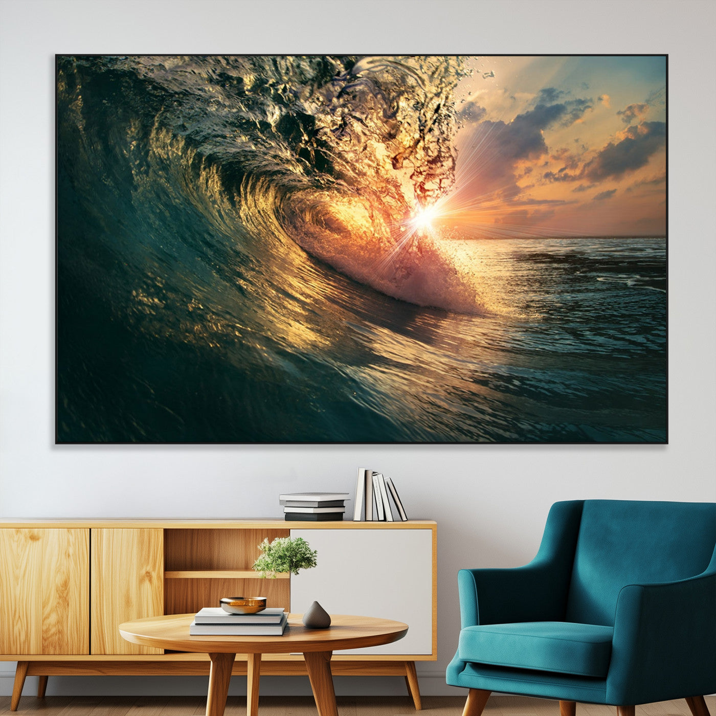 SEG-FC-51X34_Oversize - Ocean Wave Sunset Canvas Wall Art – Triptych Seascape Print – Framed and Ready to Hang for Living