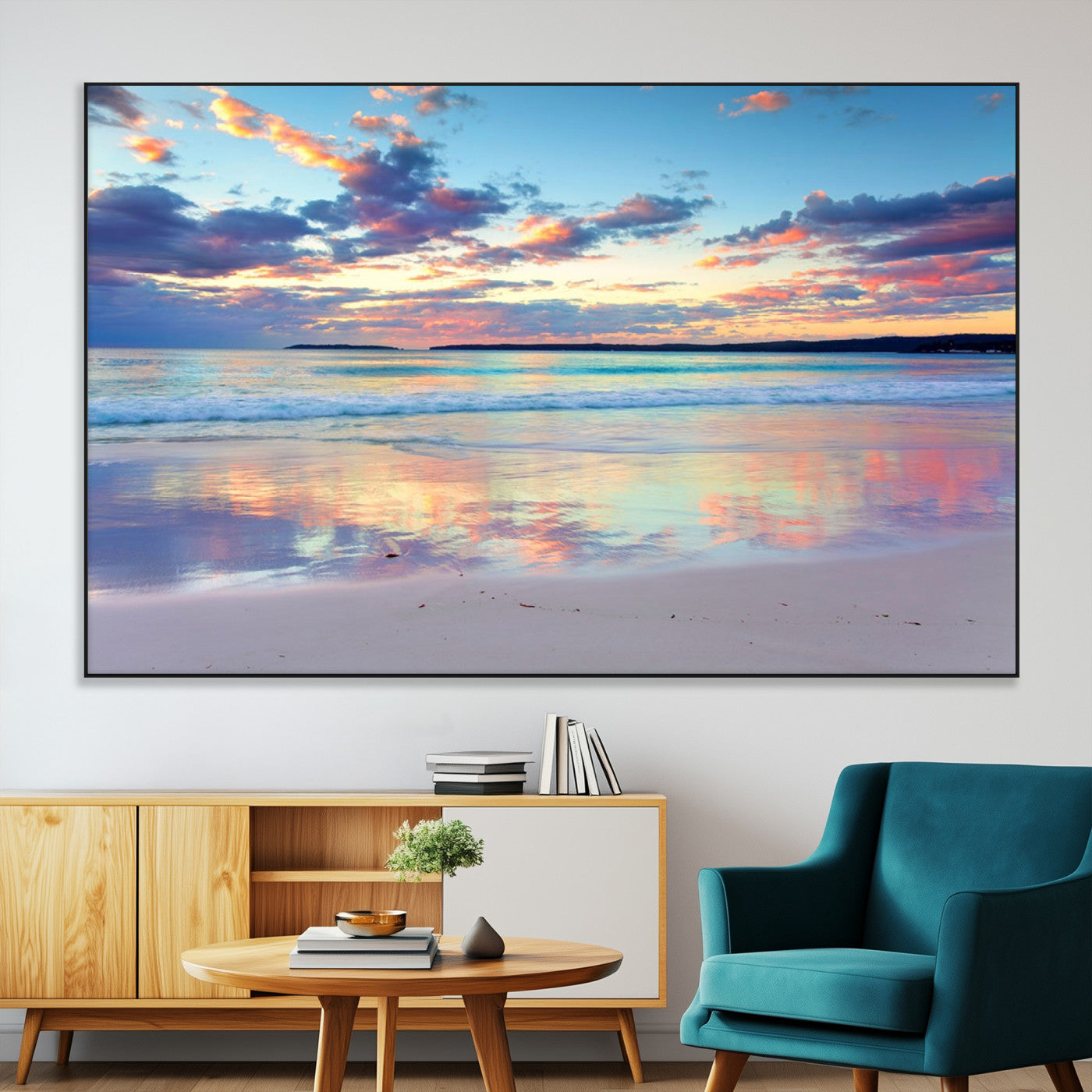 SEG-FC-51X34_Oversize - Tranquil Pastel Sunset Beach Triptych Canvas Art, Soothing Coastal Ocean Shoreline Giclee Print,