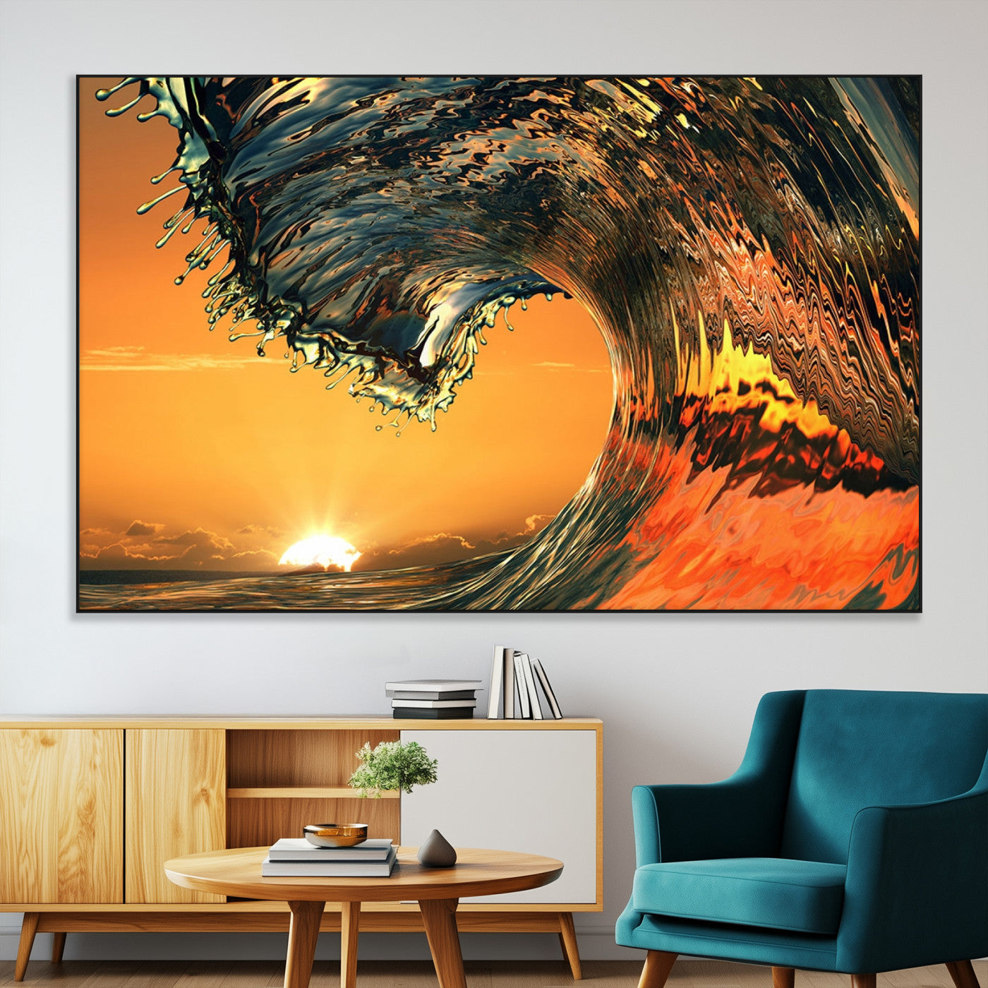 -Surf Wave Sunset Canvas Wall Art Print, 3-Panel Ocean Coastal Wall Art Print, Ocean Decor for