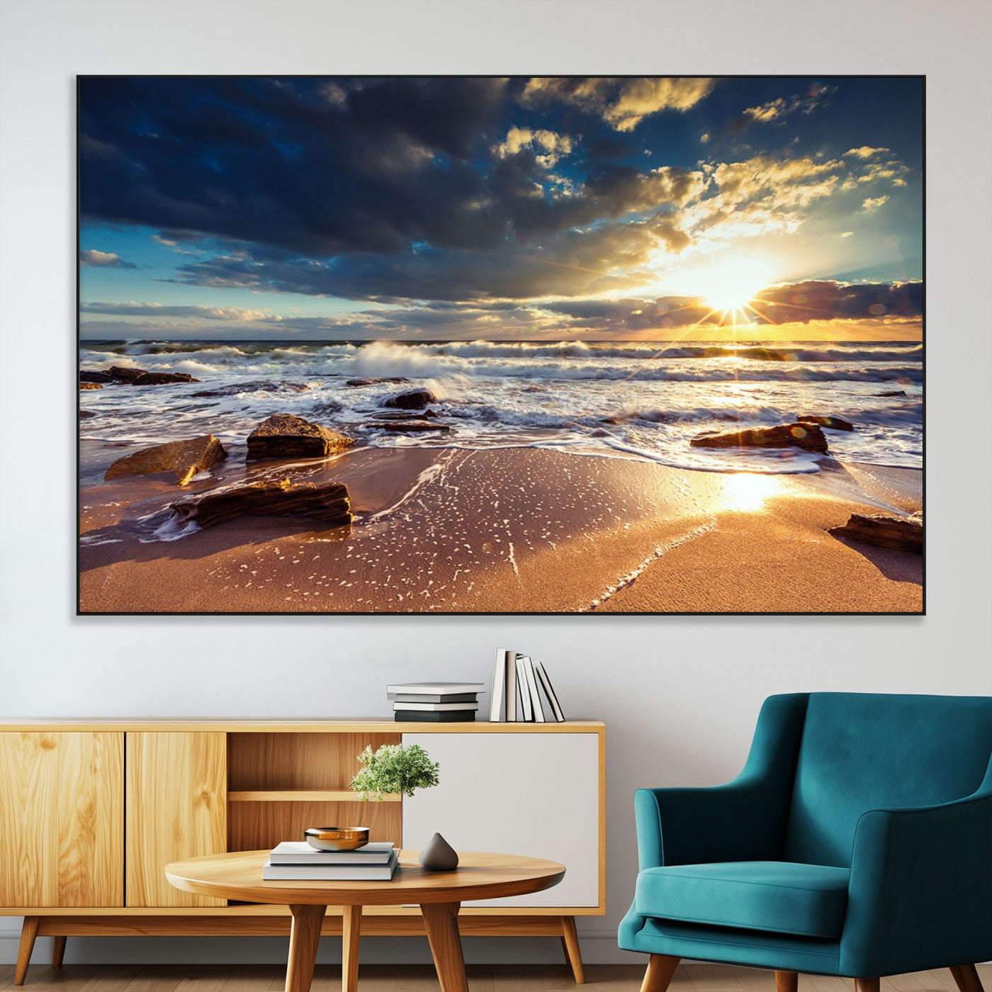 SEG-FC-51X34_Oversize - Golden Hour Beach Sunset Canvas Triptych, Ocean Waves and Rocks Wall Art for Coastal Home Decor