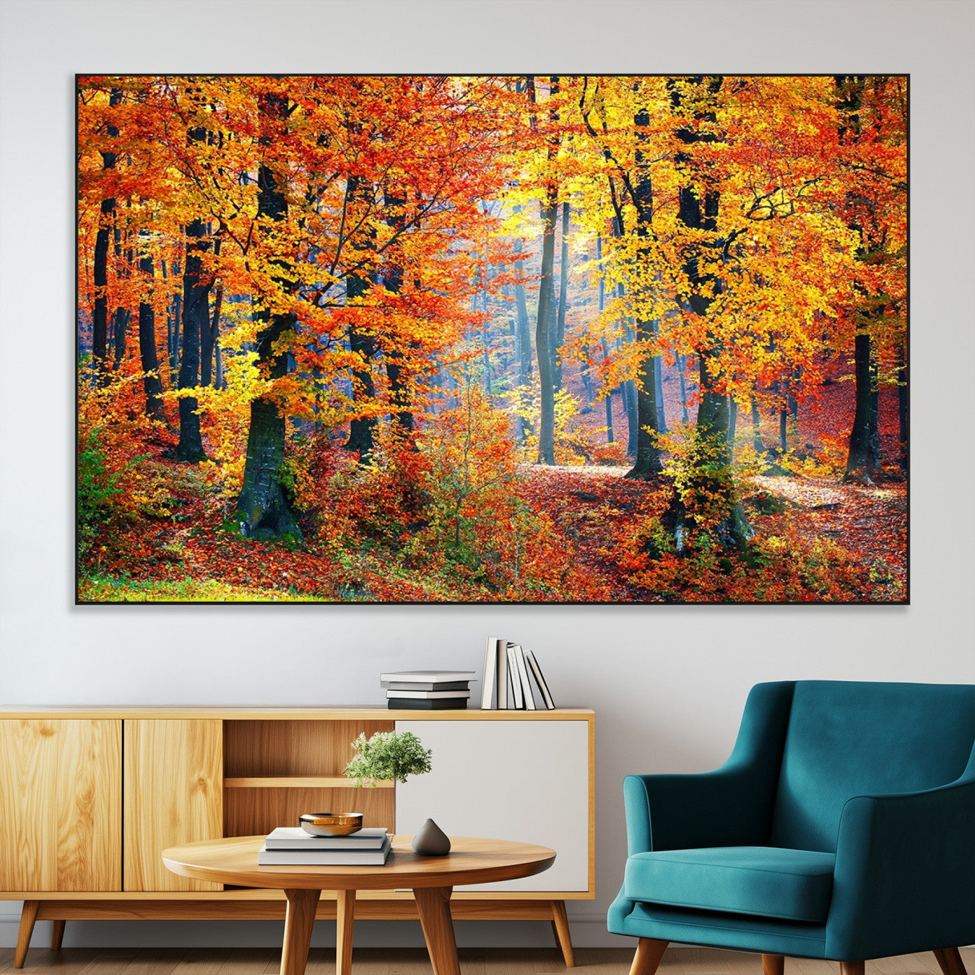SEG-FC-51X34_Oversize - Autumn Red Forest Triptych Canvas Wall Art Print, Forest Wall Decor, Fall Landscape Art | Season