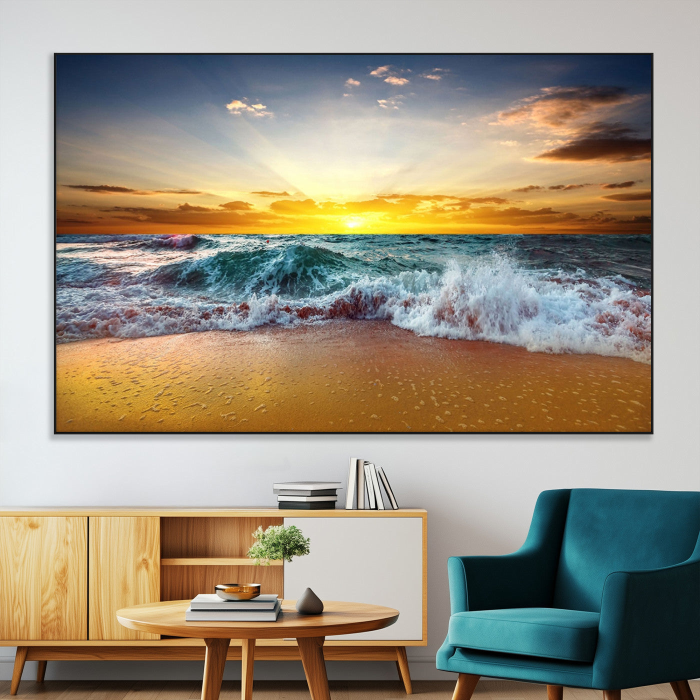 -Golden Sunset Ocean Waves Wall Art Canvas Print – Multi Panel Beach Canvas Print Set – Large Coastal