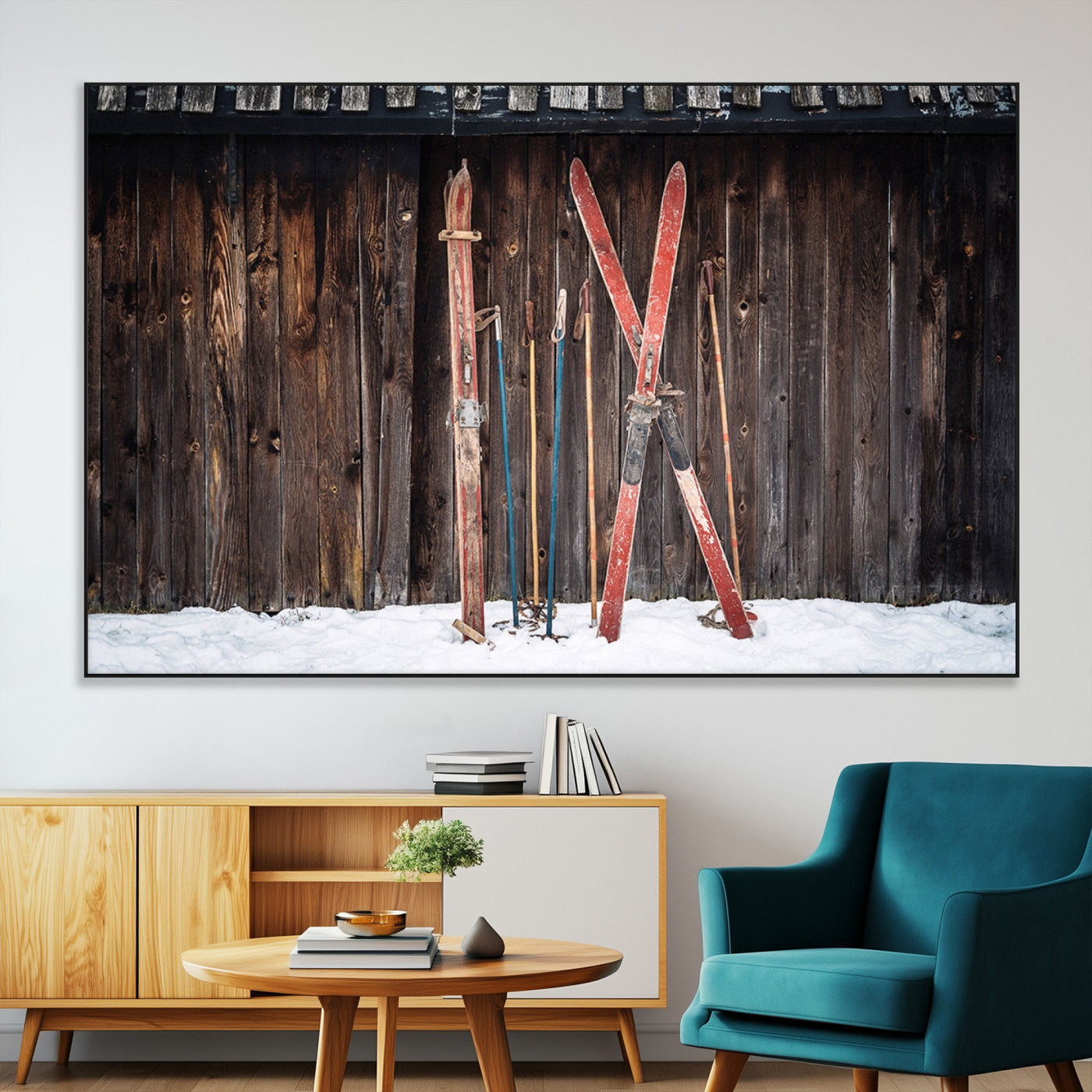 SEG-FC-51X34_Oversize - Vintage Ski Gear Canvas Print, Vintage Ski Gear Against Wooden Cabin Wall, Rustic Winter Sports