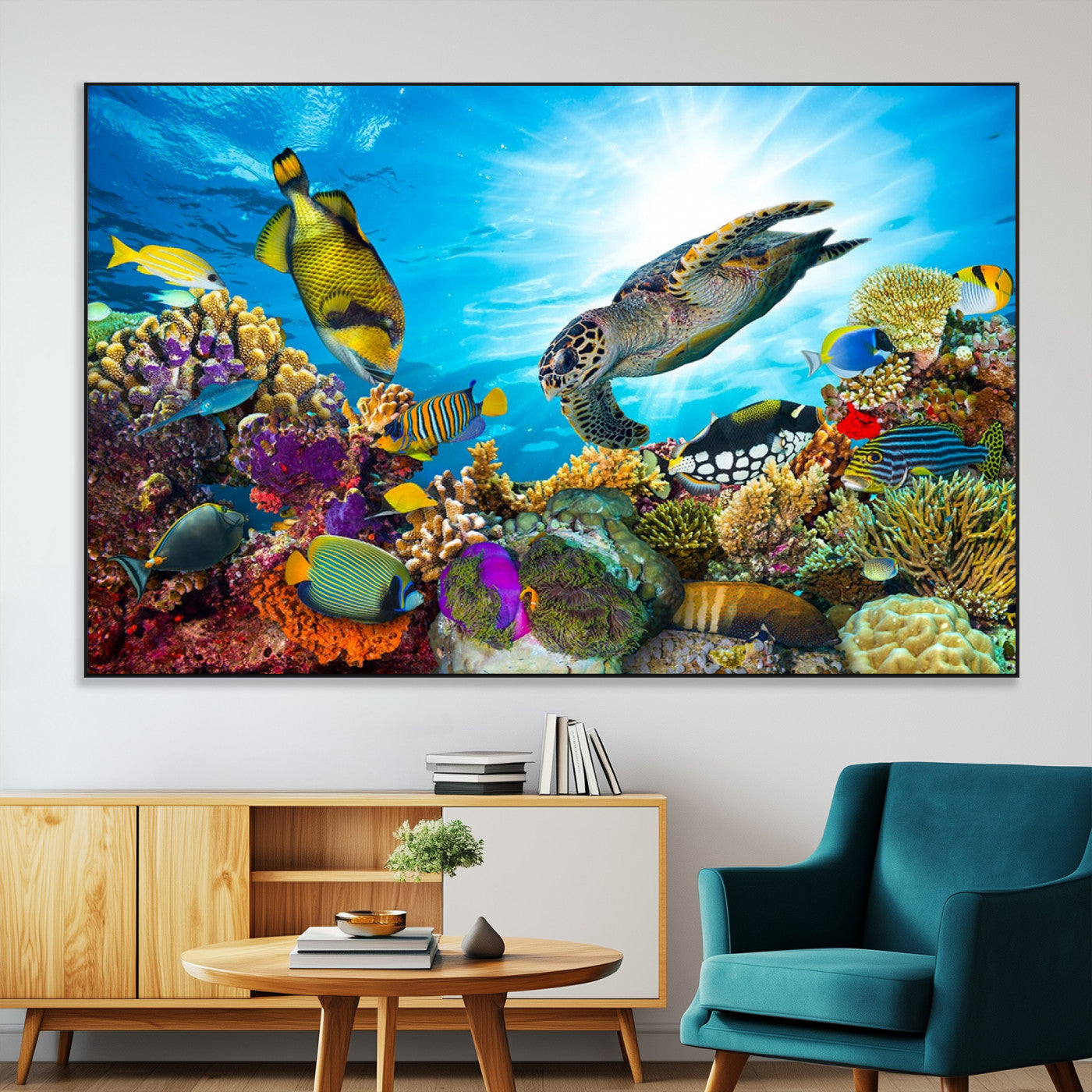 SEG-FC-51X34_Oversize - Sea Turtle Coral Reef Wall Art Print – Colorful Underwater Canvas Print – Tropical Ocean Marine Life Artwork – Perfect for Coastal Home Decor