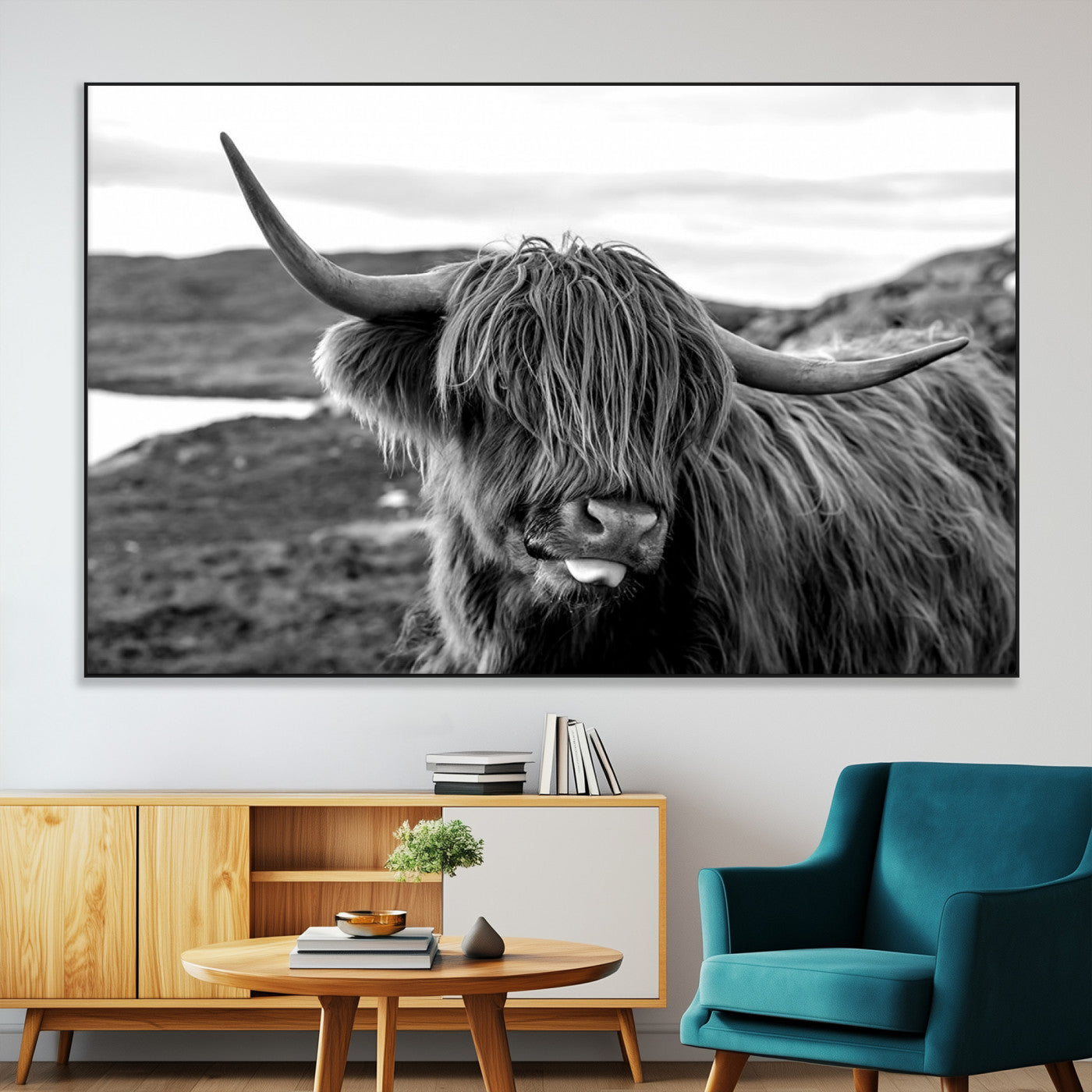 SEG-FC-51X34_Oversize - Longhorn Steer Canvas Print Wall Art, Highland Cow Canvas Wall Art – Black and White Animal Portrait