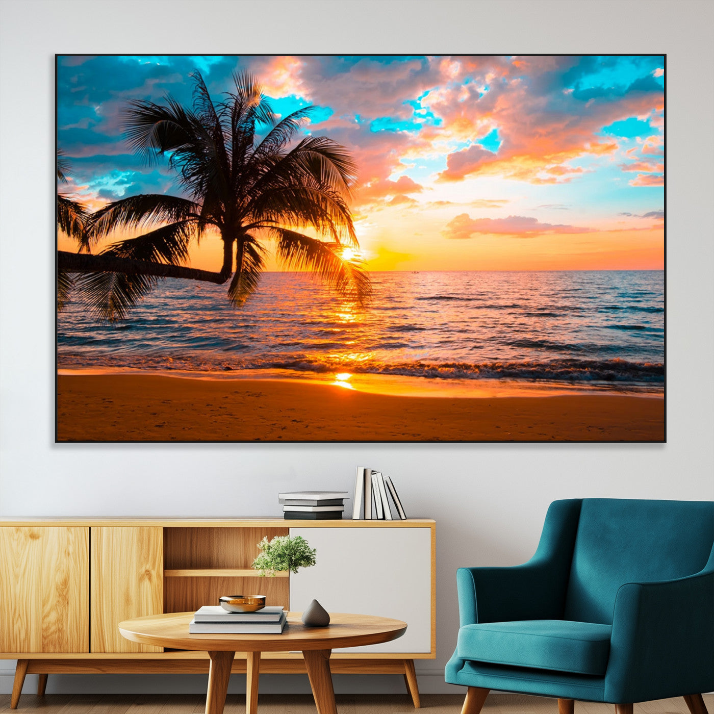 -Palm Tree Sunset On The Beach Wall Art Canvas, Framed Palm Tree Sunset Canvas Print