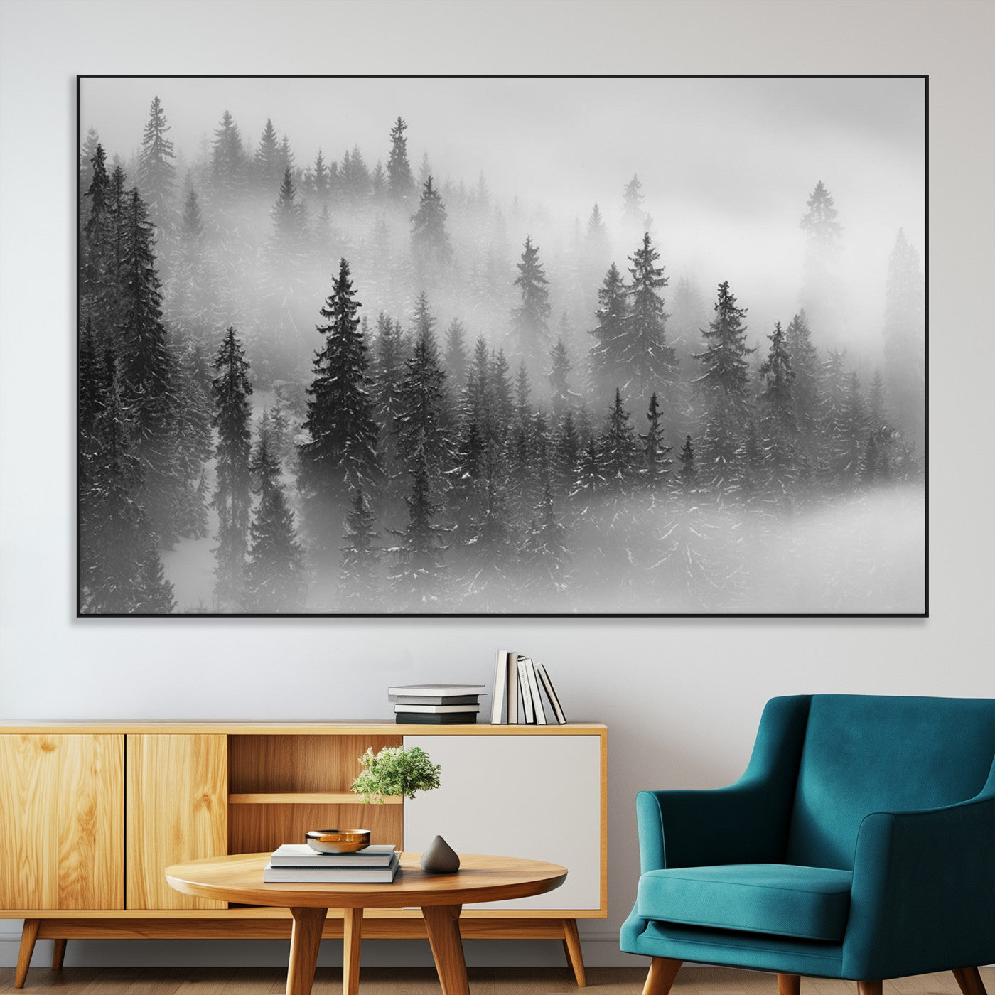SEG-FC-51X34_Oversize - Black and White Forest Wall Art Print – Misty Pine Tree Canvas Print – Winter Woodland Nature Artwork – Perfect for Minimalist Home Decor