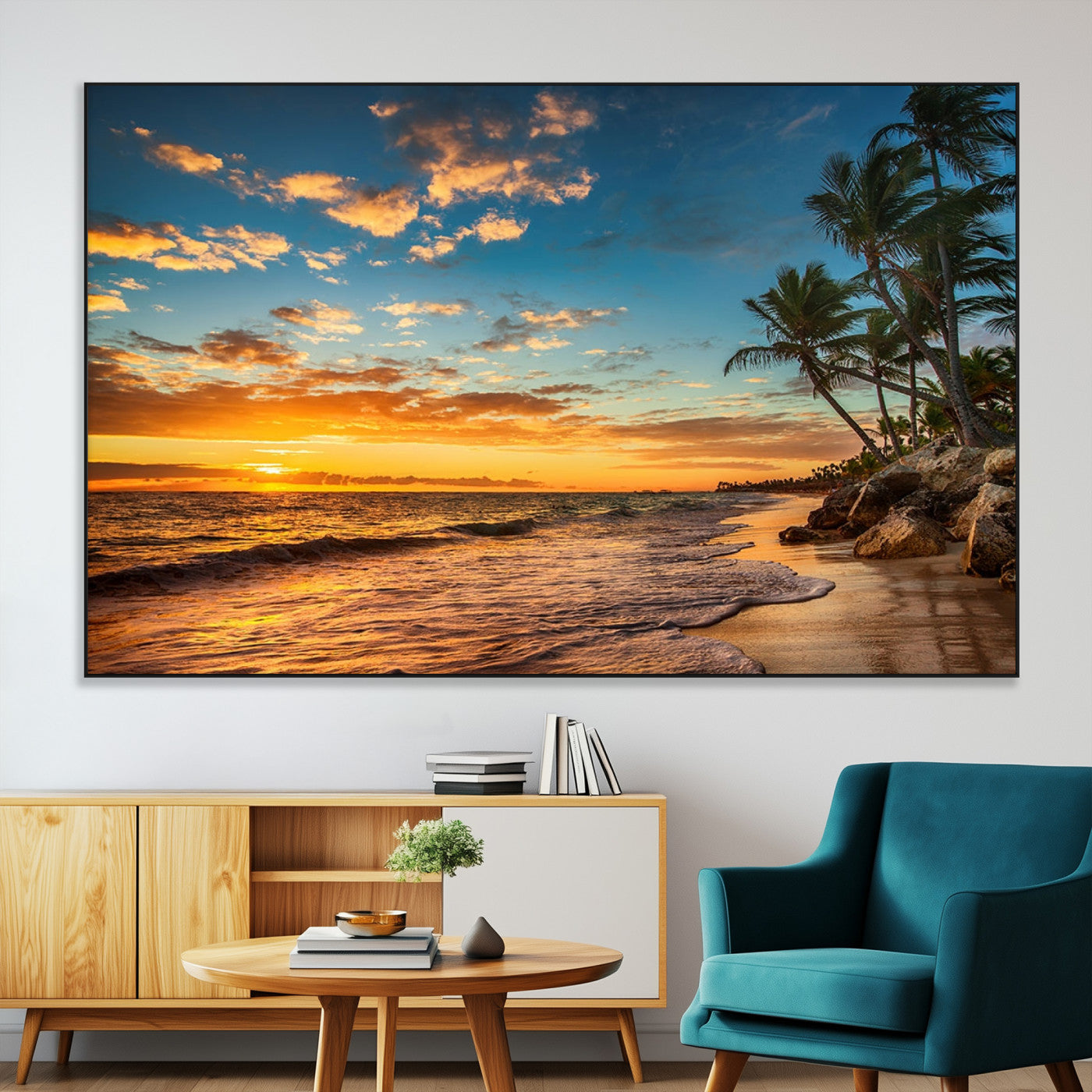 SEG-FC-51X34_Oversize - Tropical Beach Sunset Wall Art Print – Palm Tree Coastal Canvas Print – Ocean Seascape Artwork – Perfect for Tropical Modern Home Decor