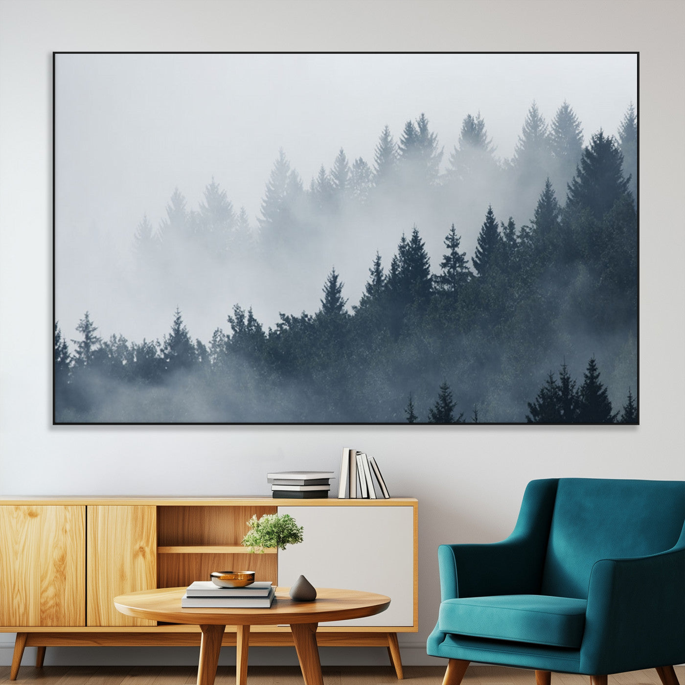 SEG-FC-51X34_Oversize - Misty Forest Wall Art Print – Foggy Pine Tree Canvas Print – Dark Woodland Nature Artwork – Perfect for Minimalist and Modern Home Decor