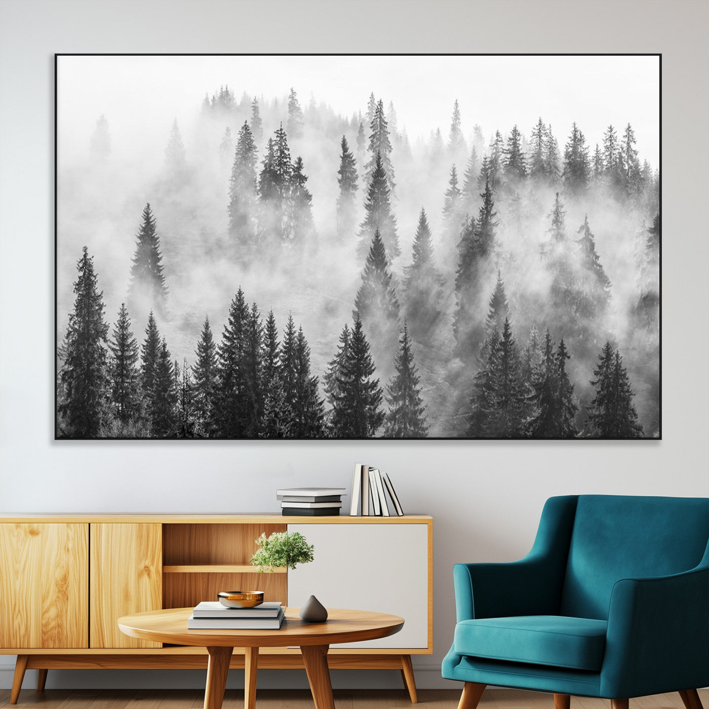 SEG-FC-51X34_Oversize - Forest Wall Art Print | Foggy Pine Forest Canvas Wall Art - Black and White Nature-Inspired Decor for Living Room, Modern Forest Landscape Print, Ready to Hang