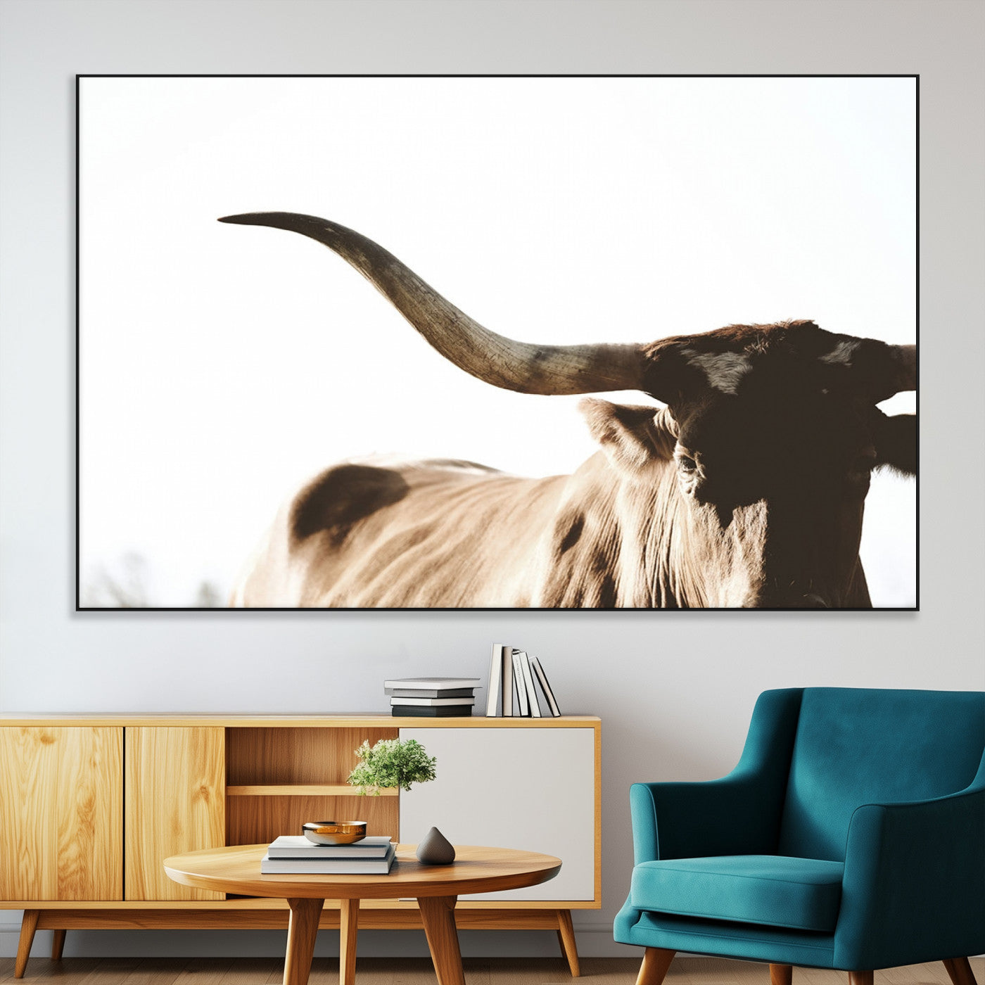 SEG-FC-51X34_Oversize - Texas Longhorn Wall Art Canvas Print | 3-Panel Large Longhorn Canvas Print for Living Room, Framed