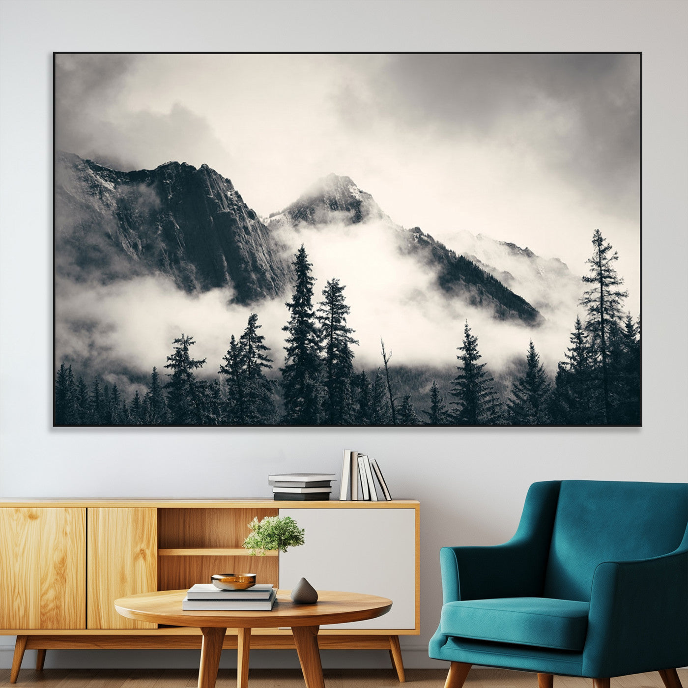 SEG-FC-51X34_Oversize - Forest Mountain Print - Black and White Canvas Wall Art with Misty Forest Design for Elegant and