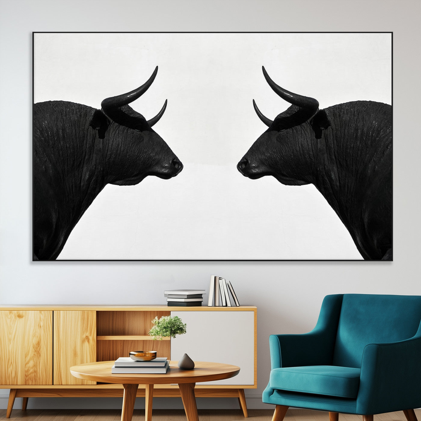 -Spanish Bull Art - Framed Black and White Bull Canvas Print for Modern Rustic Home or Office Decor