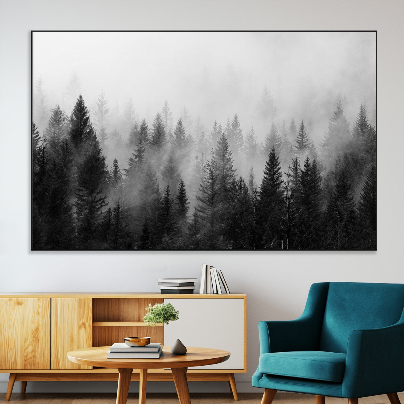 SEG-FC-51X34_Oversize - Fogy Forest Canvas Wall Art Print - Mountain Wall Art with Pine Trees and Misty Forest Canvas Print