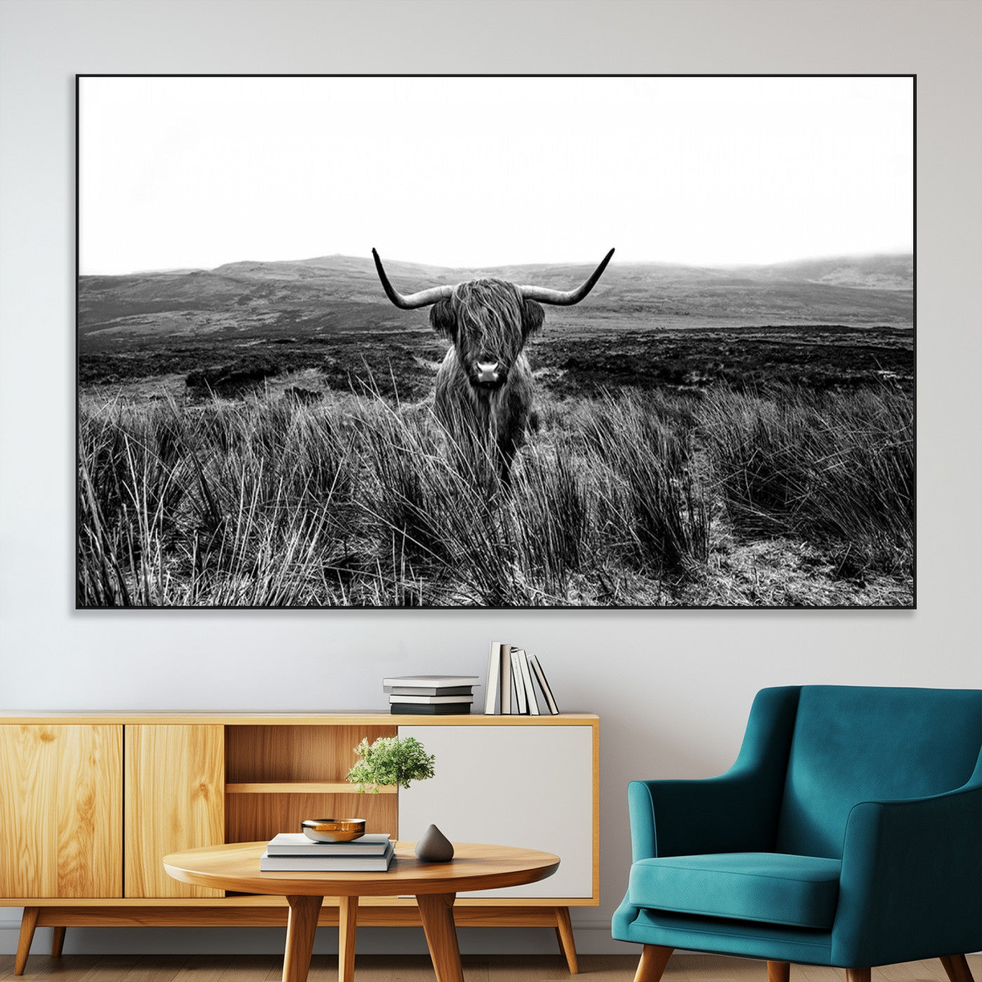 SEG-FC-51X34_Oversize - Black and White Highland Cow Canvas Wall Art, Longhorn Triptych Western Wall Decor for Cabin -