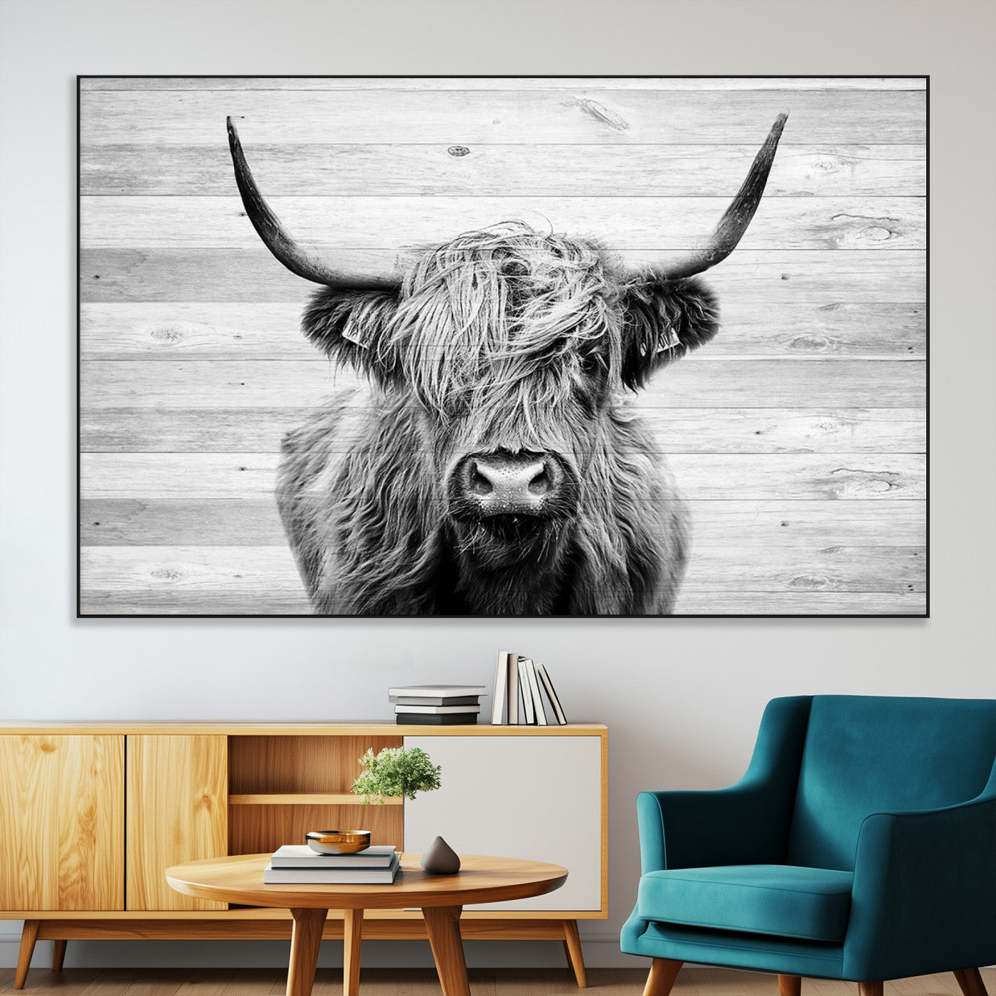 SEG-FC-51X34_Oversize - Scottish Highland Cow Cattle Art Print on Wood Background Style, Scottish Highland Cow Wall Art