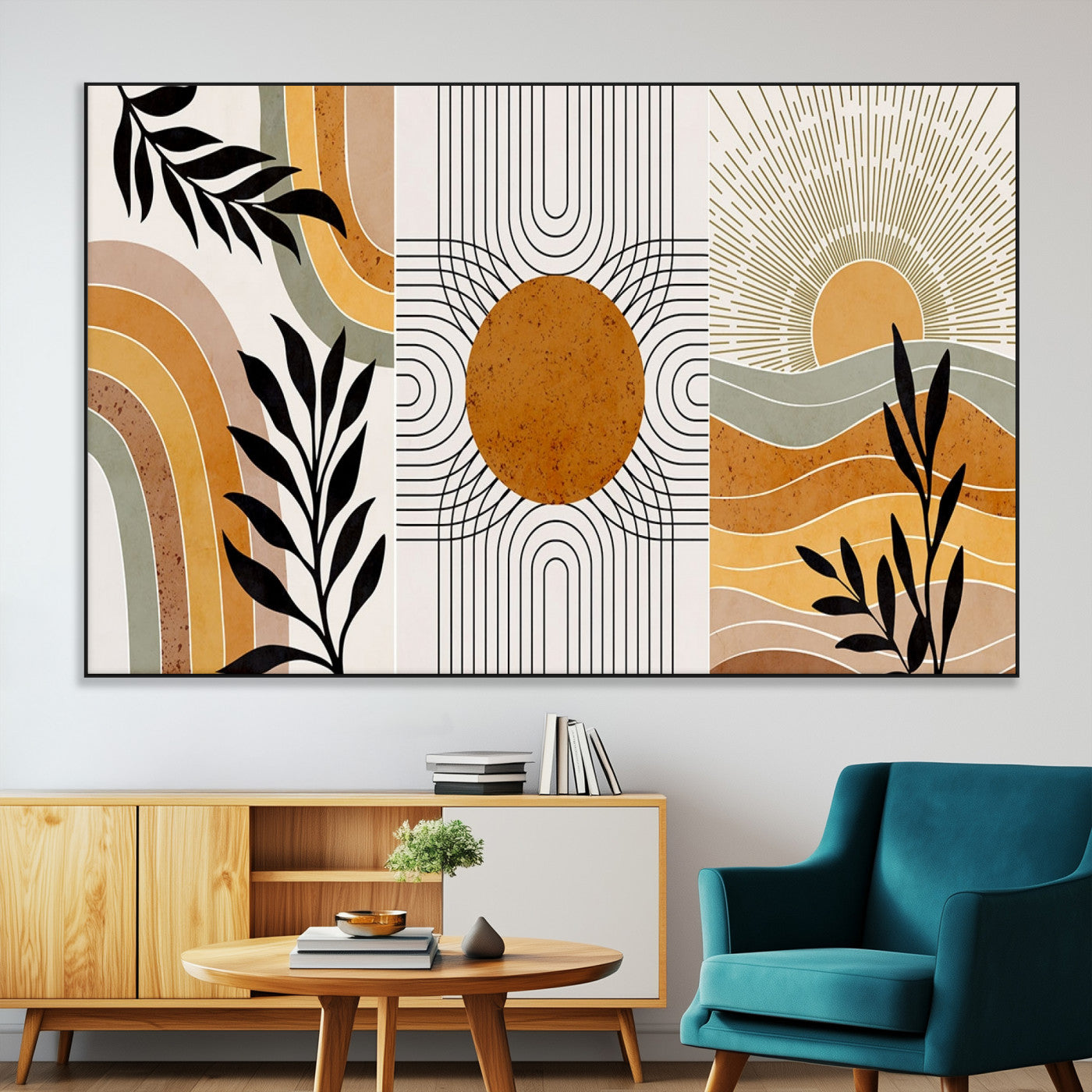 SEG-FC-51X34_Oversize - Modern Boho Sun and Leaf Abstract Art – 3-Panel Giclée Canvas for Mid-Century Modern or Bohemian