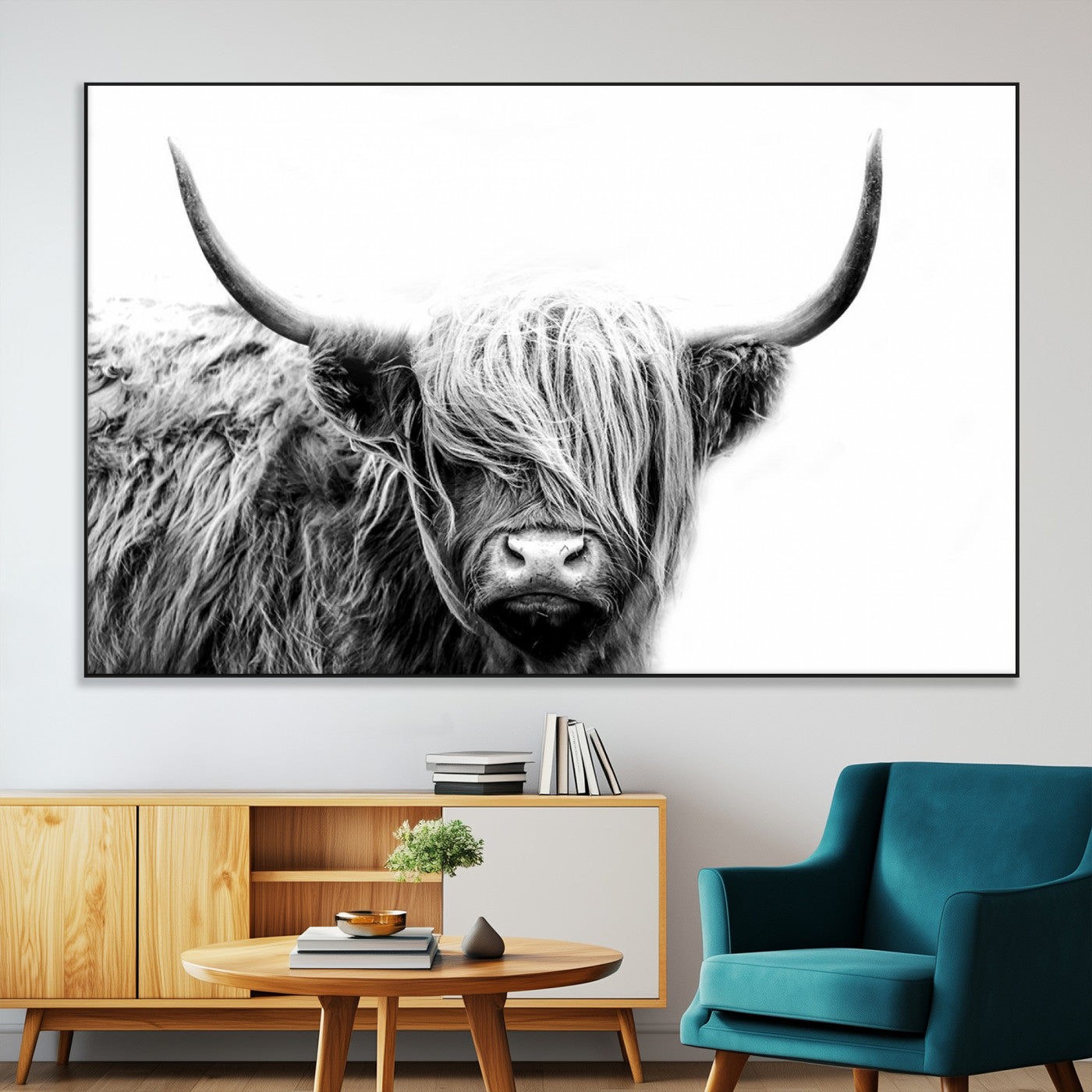 SEG-FC-51X34_Oversize - Black White Scottish Highland Cow Cattle Art Print Farmhouse Wall Art Canvas Print