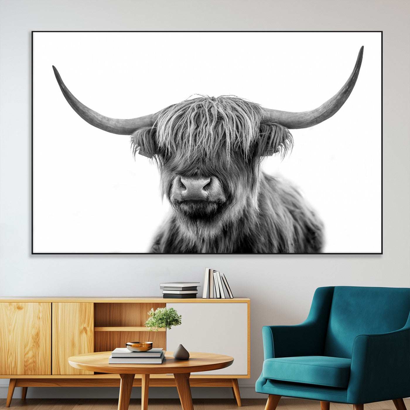 SEG-FC-51X34_Oversize - Grayscale Scottish Highland Cow Cattle Art Print Farmhouse Wall Art Canvas Print