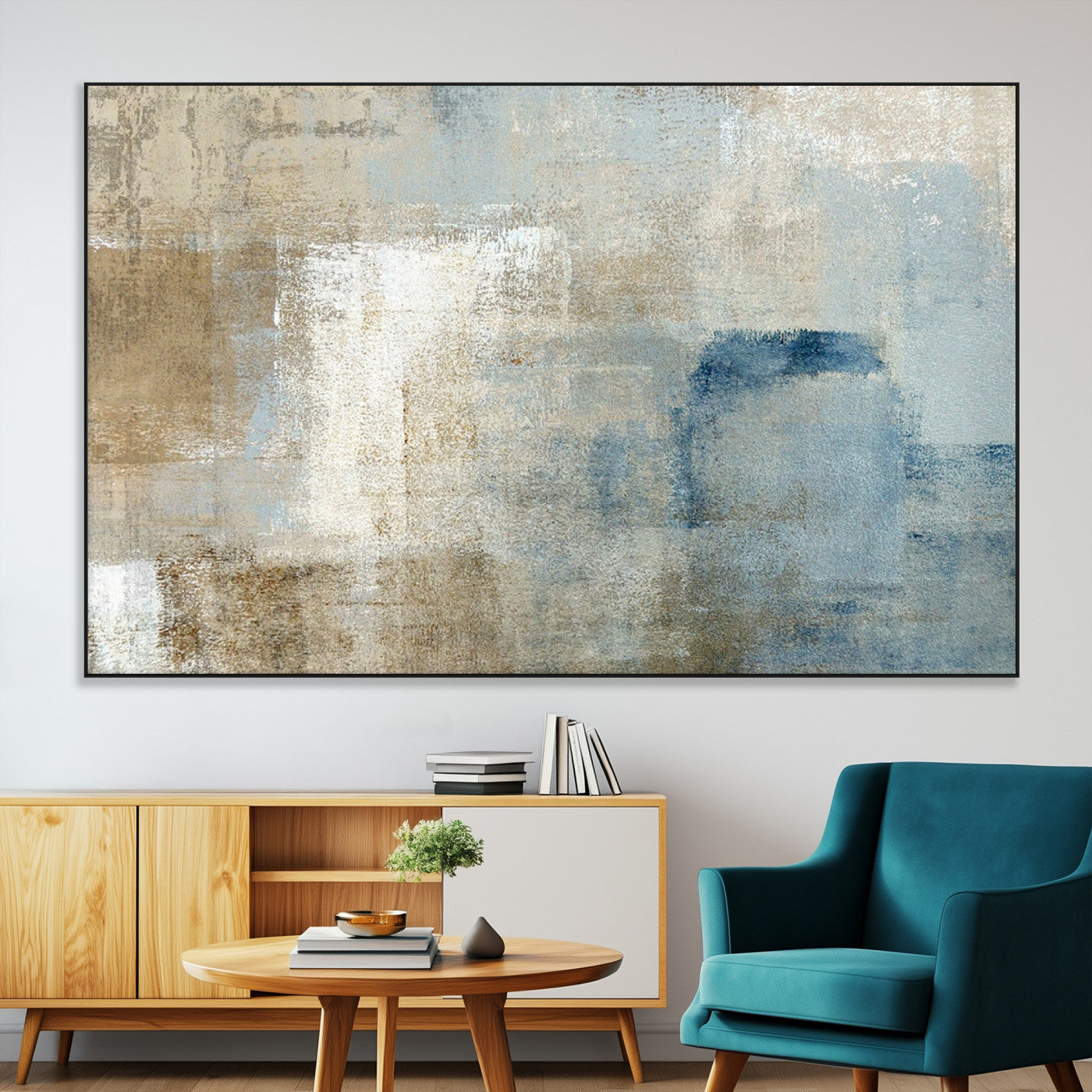 SEG-FC-51X34_Oversize - Abstract Blue and Beige Wall Art, Modern Minimalist Canvas Print Set, Giclee Textured Art, Large