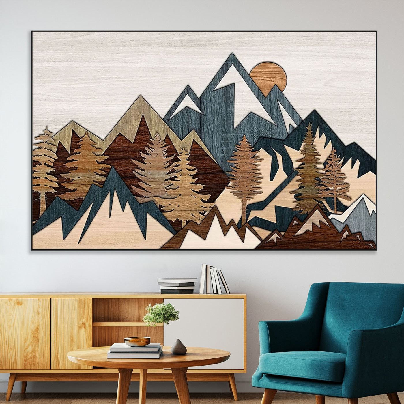 SEG-FC-51X34_Oversize - Rustic Abstract Wood Panel Effect Canvas Mountain Range Top Wood Wall Art Canvas Print