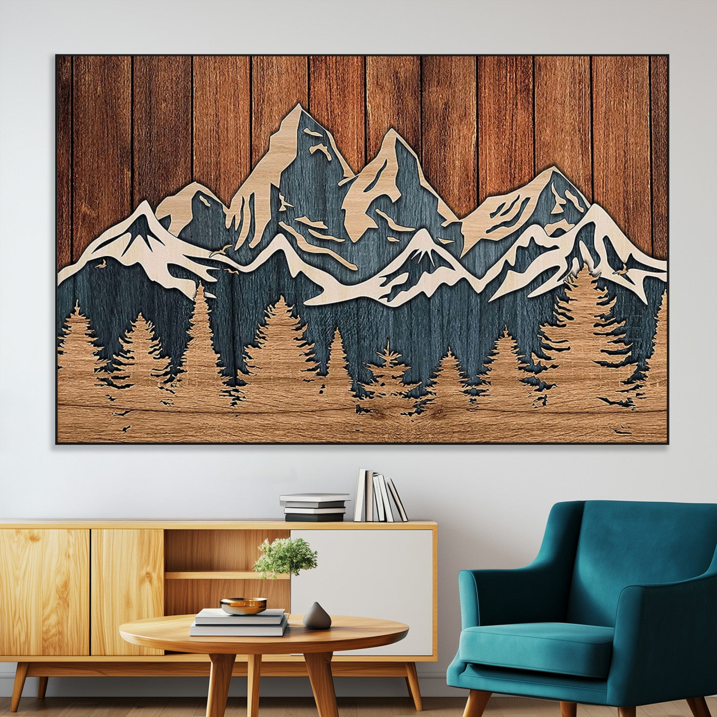 SEG-FC-51X34_Oversize - Rustic Wood Style Mountain Wall Art, Nature Forest Canvas Print, Wooden Textured Mountain Artwork,