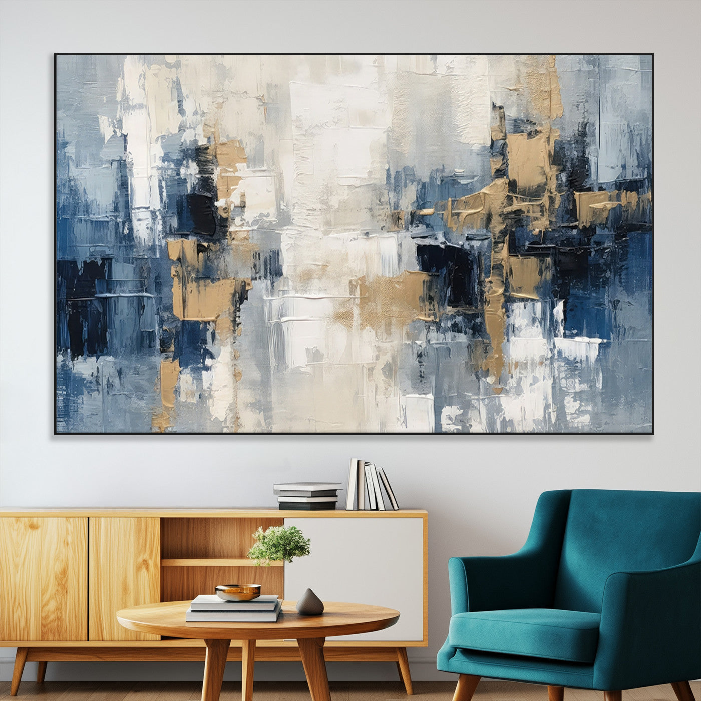 -Modern Abstract Canvas Wall Art in Blue and Gold Tones | Large Contemporary Art for Living Room,