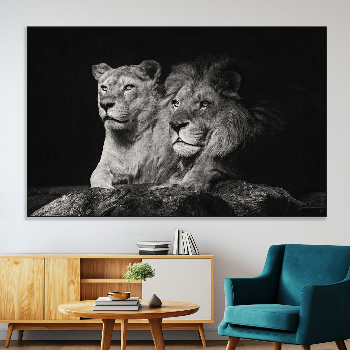 SEG-FC-51X34_Oversize - Lion Couple Canvas Wall Art Print – Elegant Wildlife Portrait in Black and White Lion Family – Ready