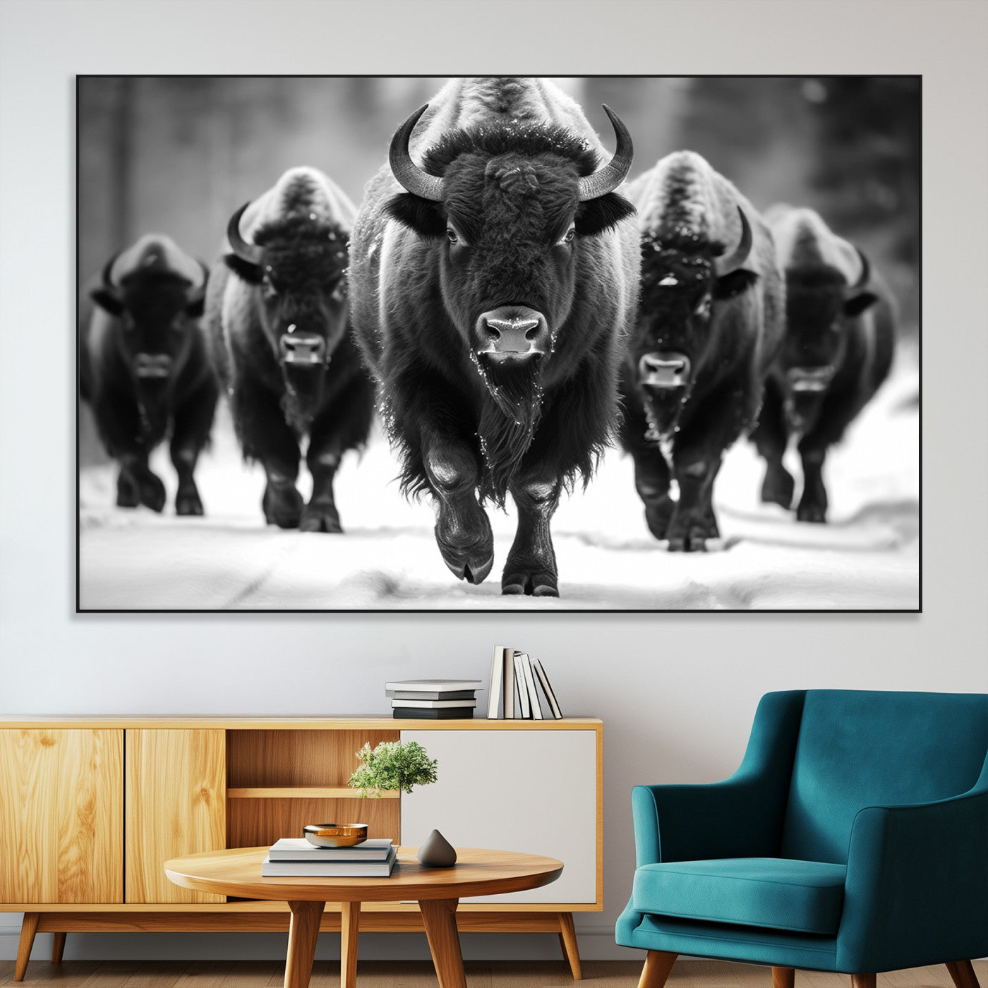 SEG-FC-51X34_Oversize - American Bison Art | Buffalo Herd Wall Art Canvas Print, BW American Bison Herd Wall Art Canvas