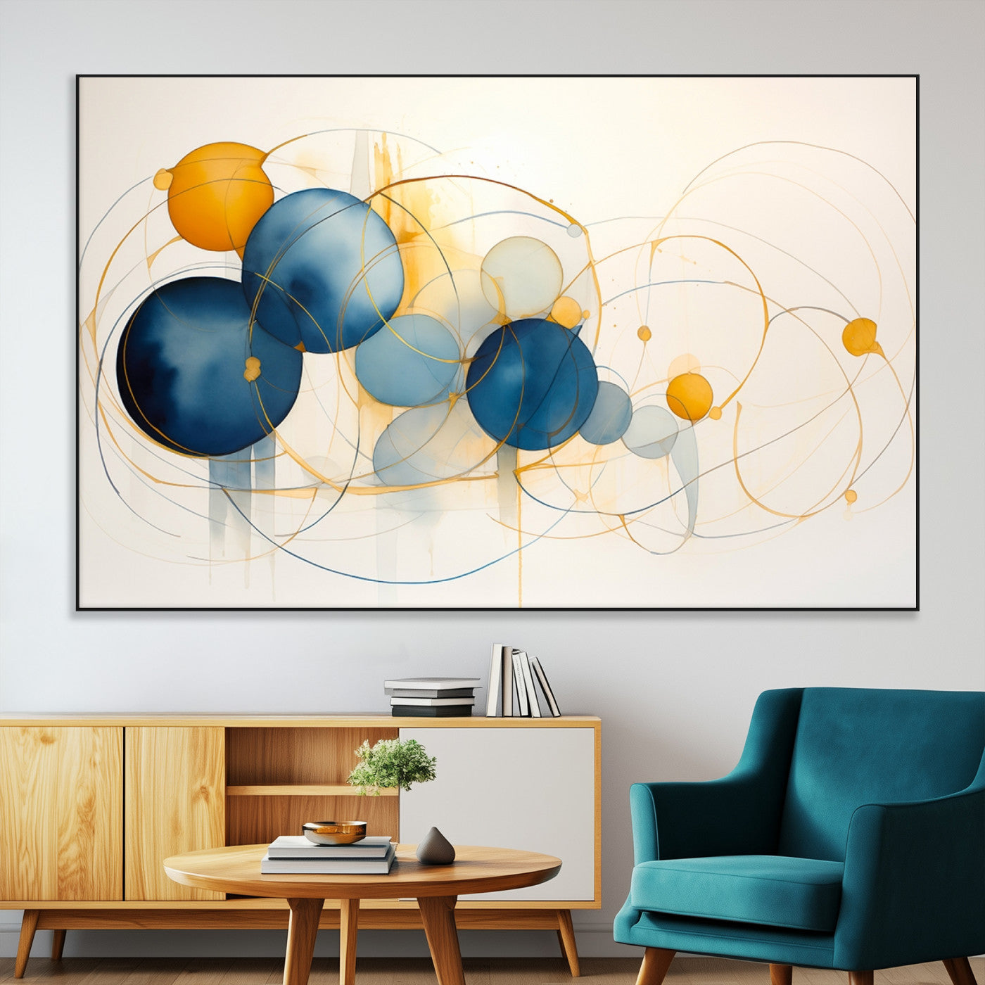 -Geometric Blue Orange Abstract Wall Art Canvas, Geometric Blue Orange Canvas Print