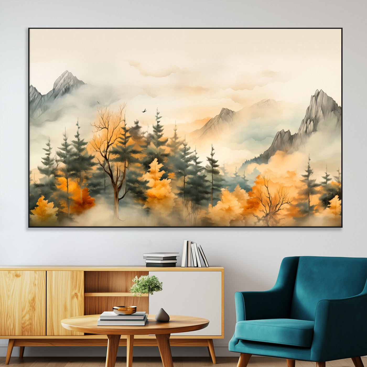 SEG-FC-51X34_Oversize - Abstract Watercolor Mountains and Trees Autumn Art, Watercolor Mountains and Trees Canvas Print
