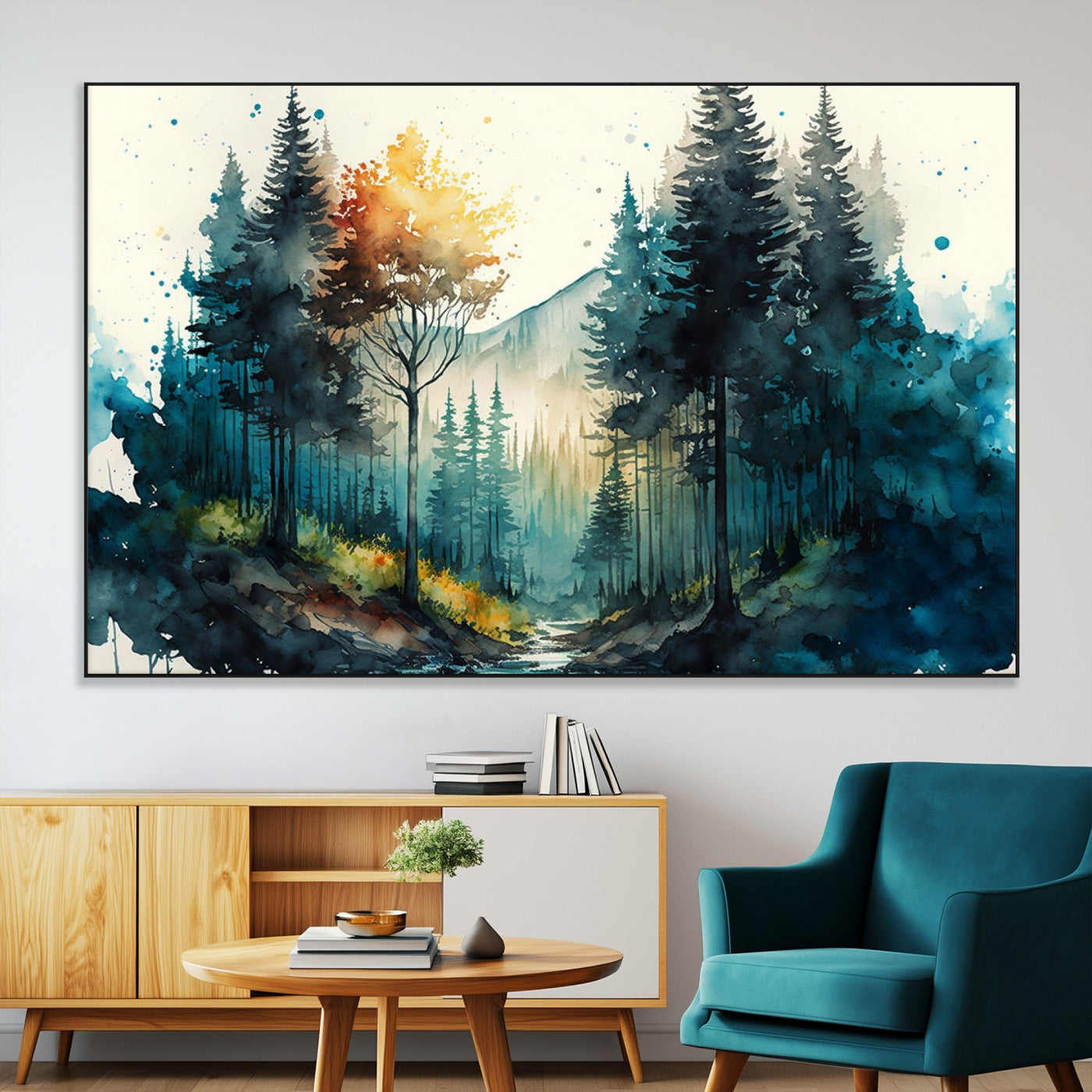 -Watercolor Trees Forest Abstract Wall Art Canvas Print, Framed Watercolor Trees Wall Art