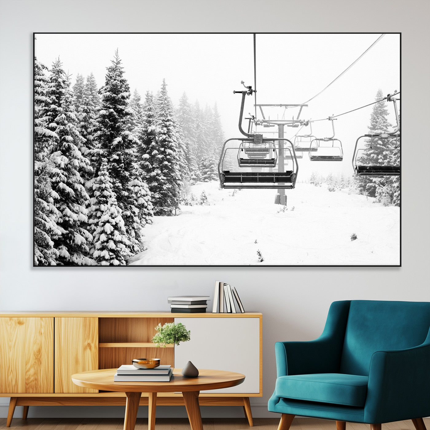 SEG-FC-51X34_Oversize - Winter Forest Wall Art Canvas Print, Framed Snowy Forest Art Picture Print, Winter Ski Lift Perfect