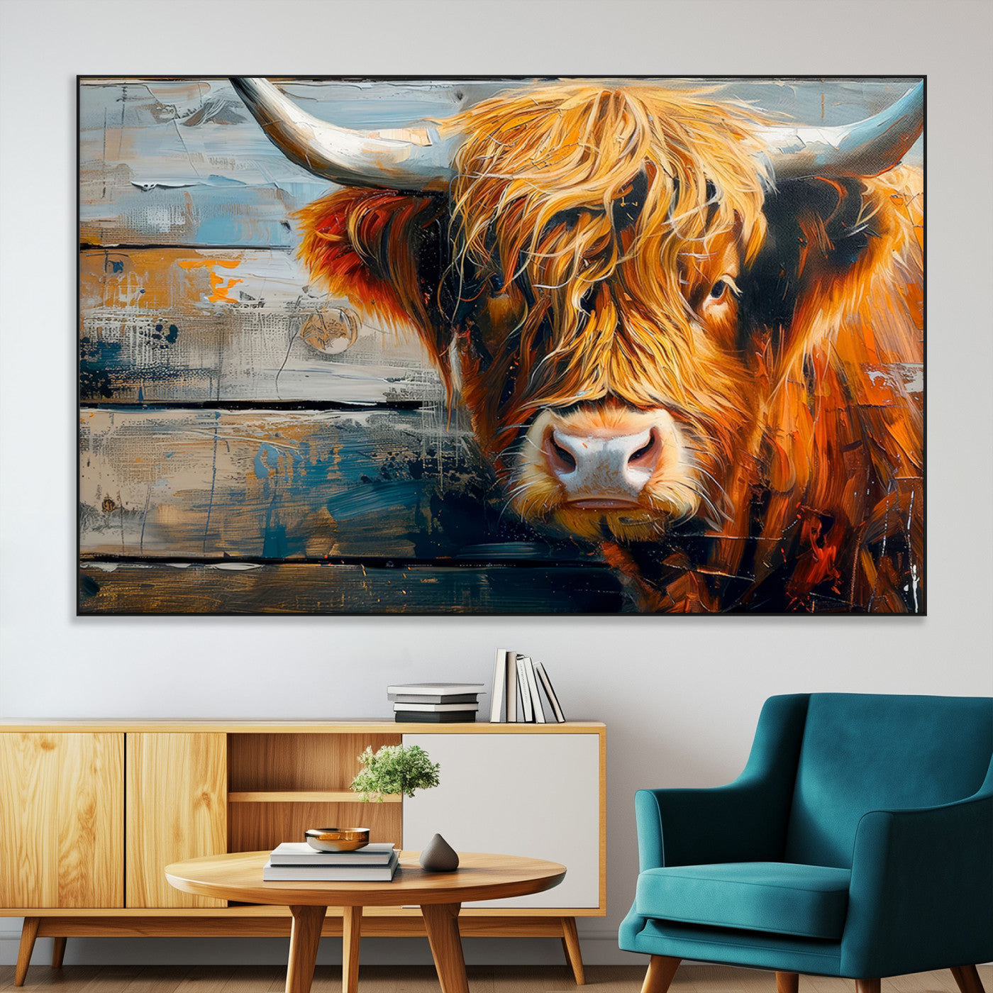 -Highland Cow Abstract Canvas Wall Art – Bold Farmhouse Rustic Decor – Ready to Hang