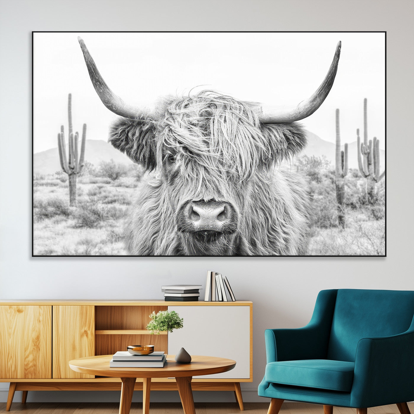 -Rustic Charm | Cow Longhorn Black White Bighorn Wall Art Canvas Print | Farmhouse Wall Art
