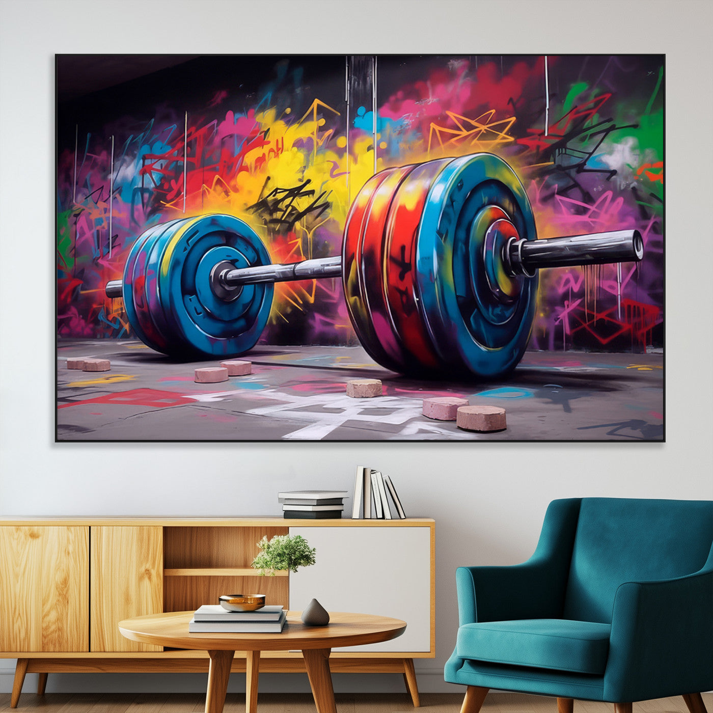 SEG-FC-51X34_Oversize - Abstract Graffiti Barbell Canvas Wall Art – Urban Fitness Meets Bold Street Art Print - Gym Wall Art Print
